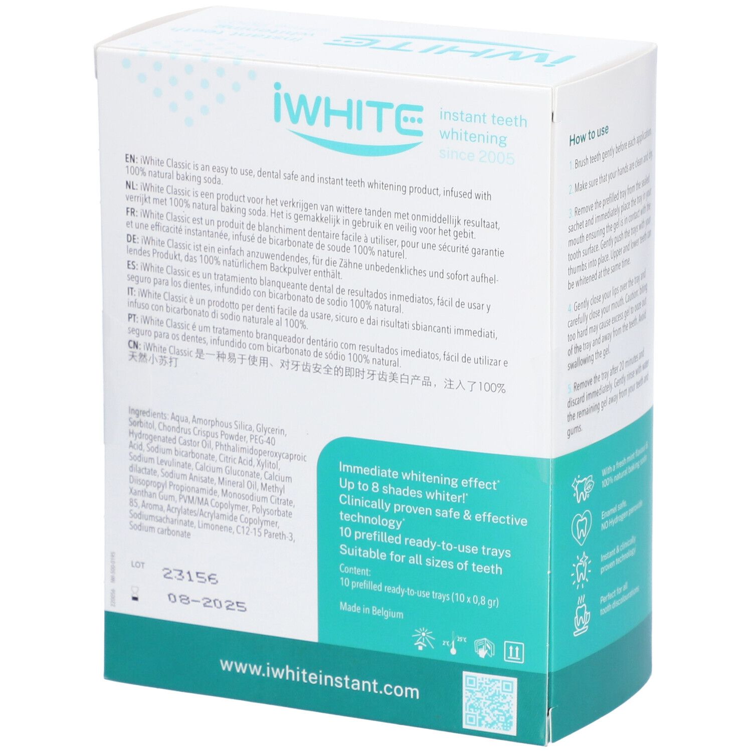Kit de blanchiment dentaire iWHITE Classic. Boîte avec texte. Informations sur ingrédients, utilisation et fabricant. 10 gouttières.