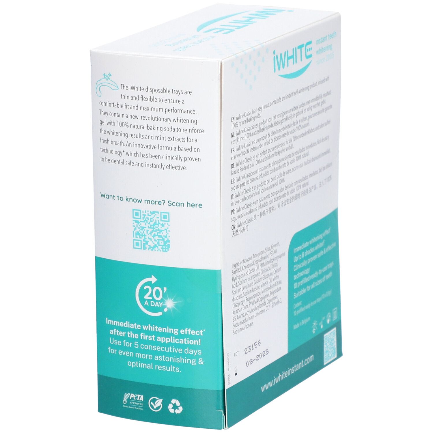 Kit de blanchiment dentaire iWHITE Classic. Boîte avec texte et QR code. Informations sur l'utilisation et les ingrédients. 10 gouttières.