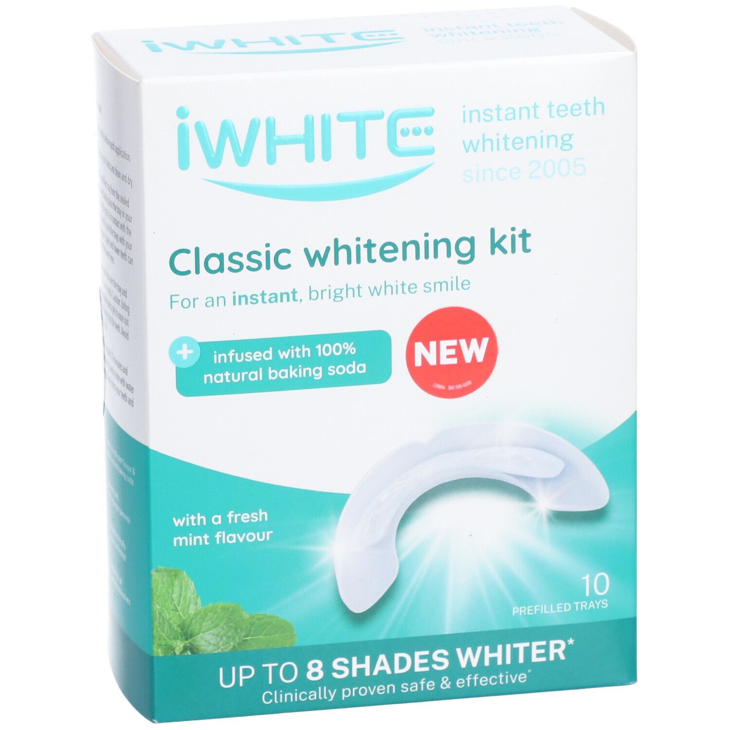 Kit de blanchiment dentaire iWHITE Classic. Boîte avec texte et image de gouttières. Contient 10 gouttières. Goût menthe et bicarbonate.