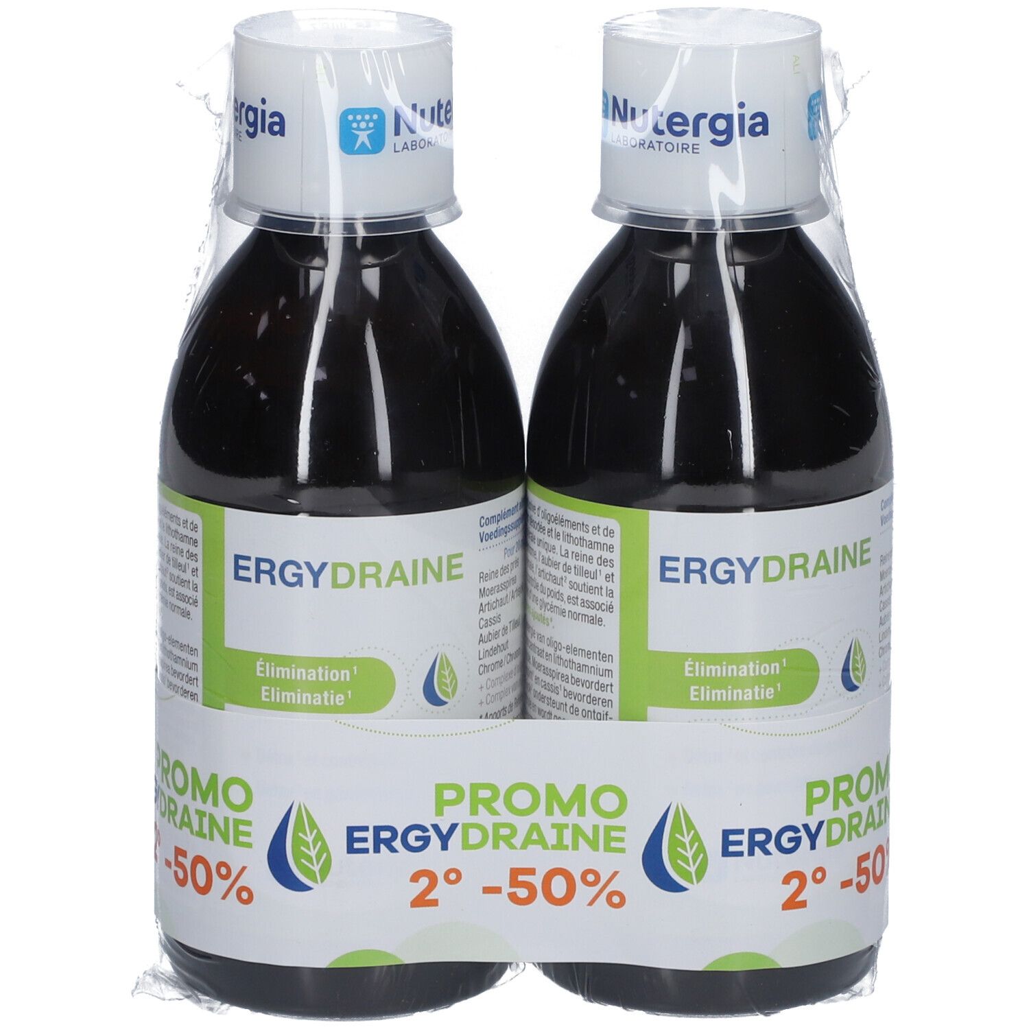 Twee flessen 'Ergydraine' en 'Promo 2°-50%' in folie. Merk Nutergia.