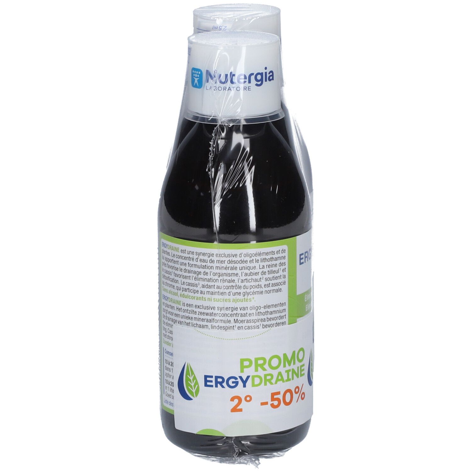 Een fles 'Ergydraine' en 'Promo 2°-50%' in folie. Merk Nutergia.