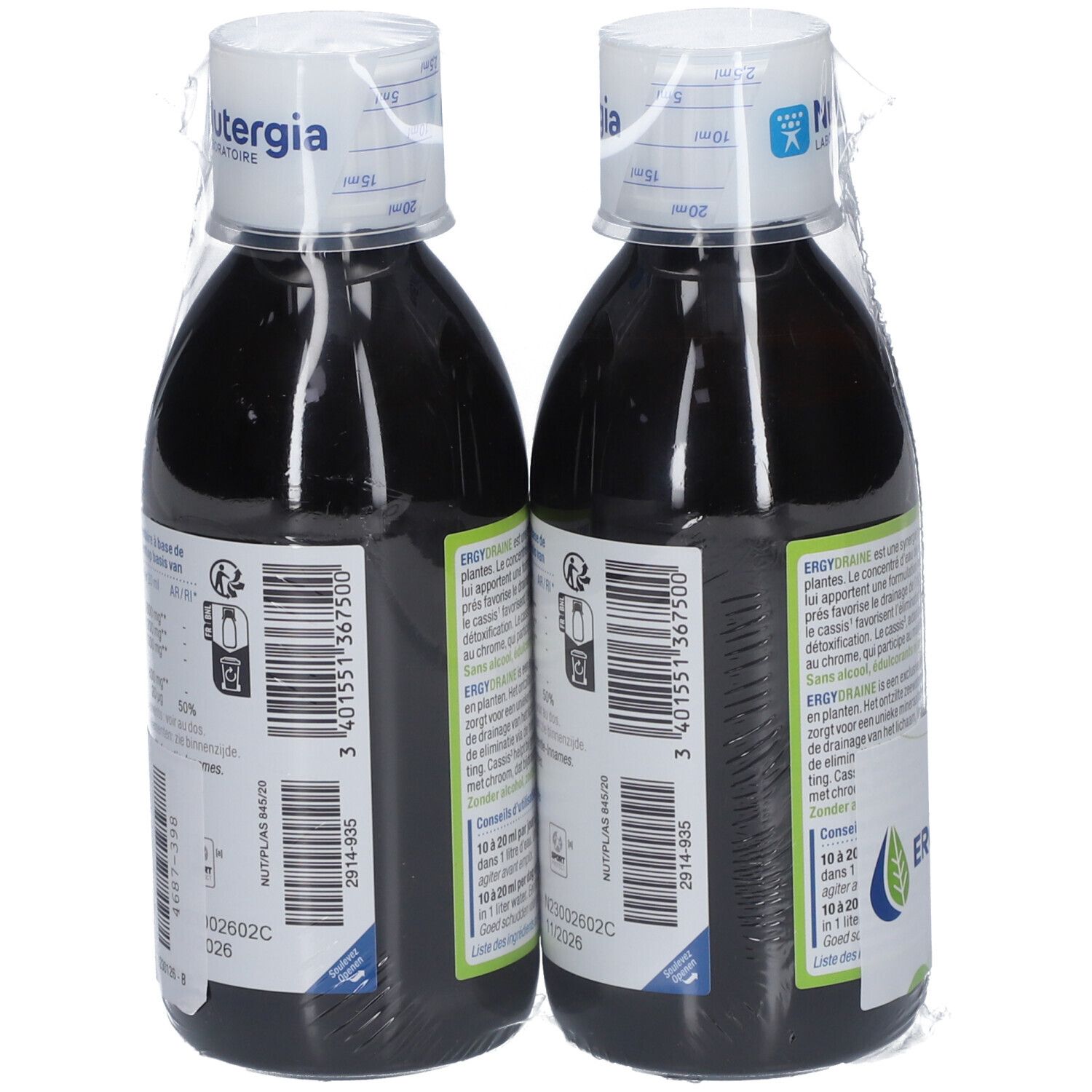 Twee flessen 'Ergydraine' in folie. Achteraanzicht. Merk Nutergia.