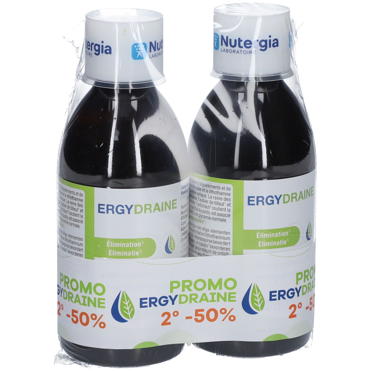 Twee flessen 'Ergydraine' en 'Promo 2°-50%' in folie. Merk Nutergia.