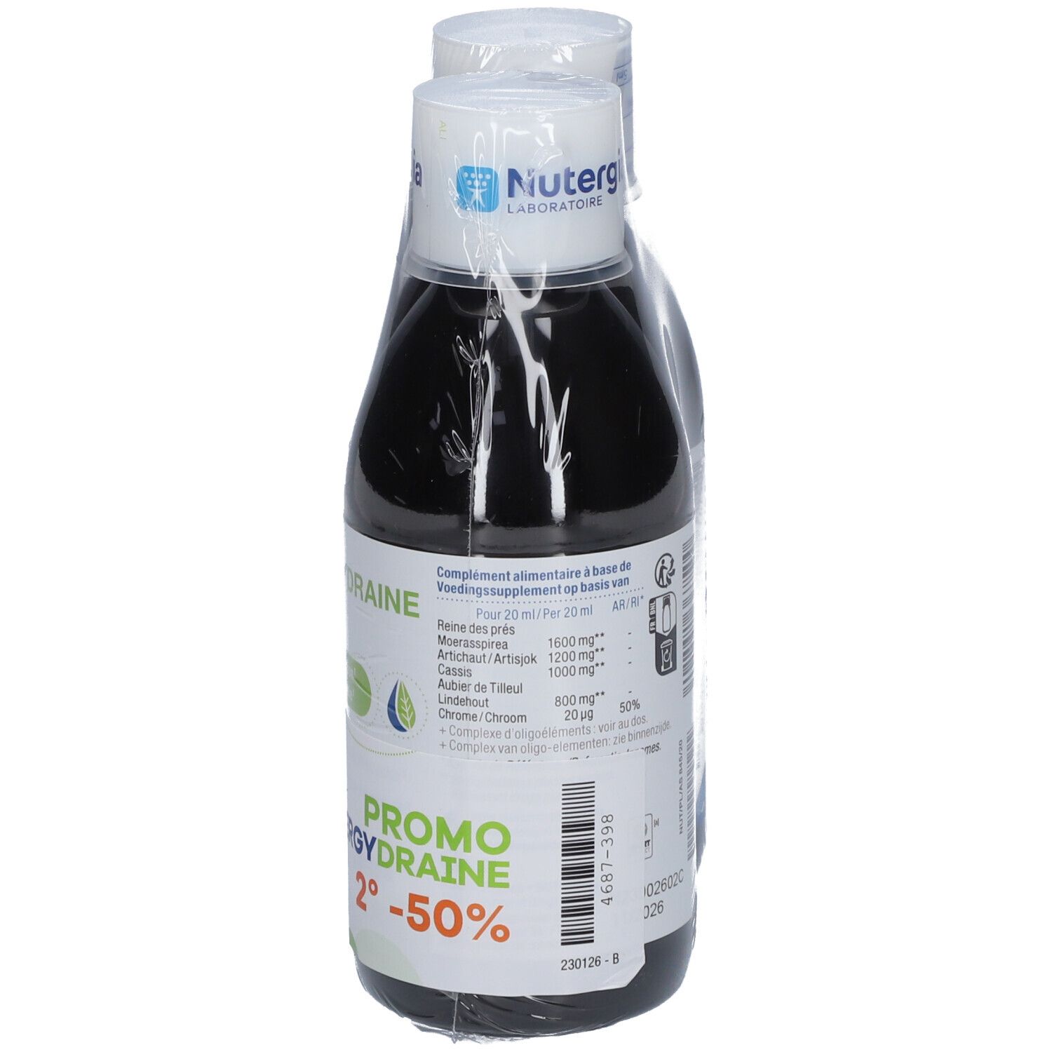 Een fles 'Ergydraine' en 'Promo 2°-50%' in folie. Merk Nutergia.