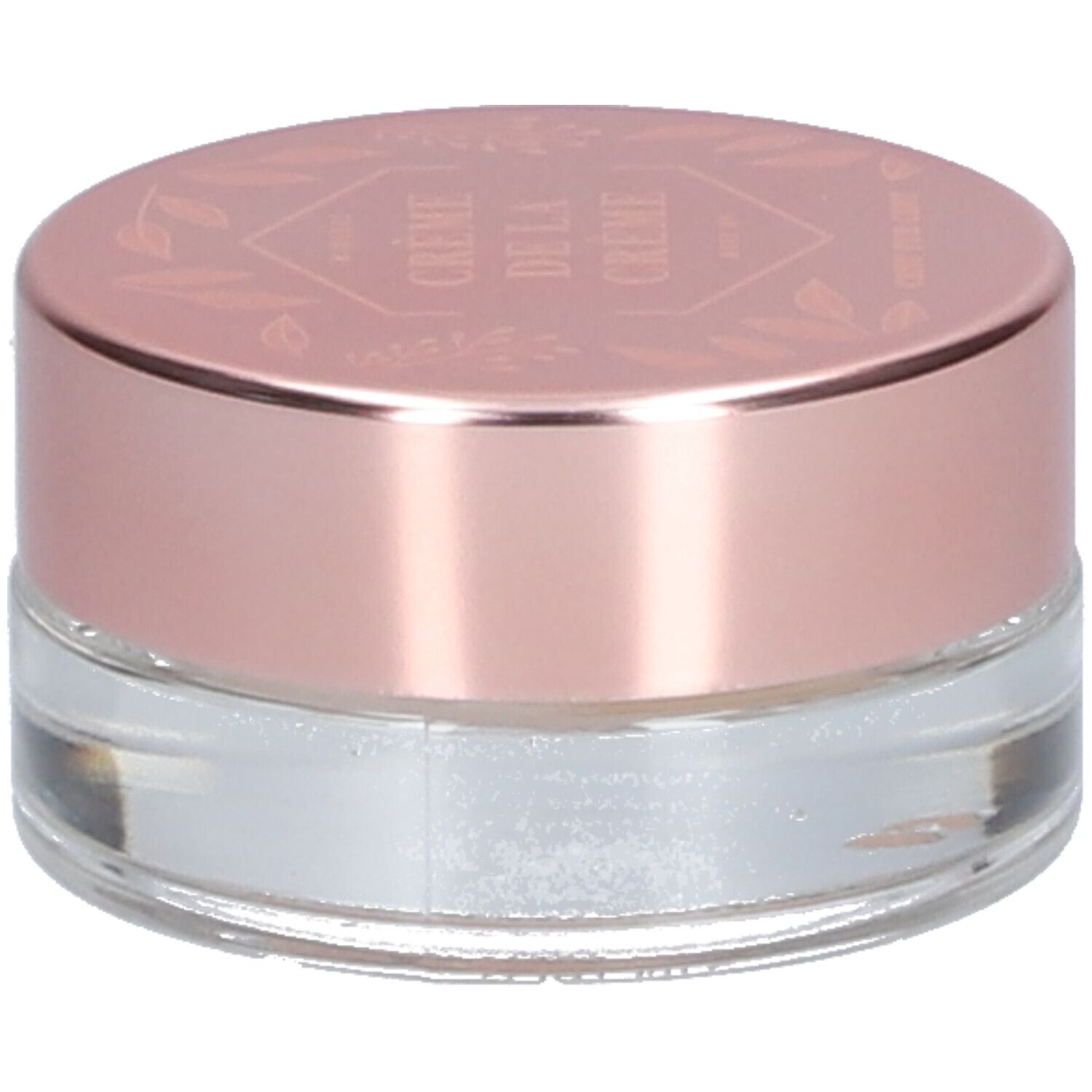 Pot rond transparent avec couvercle rose. "Crème de la Crème" est inscrit sur le couvercle.