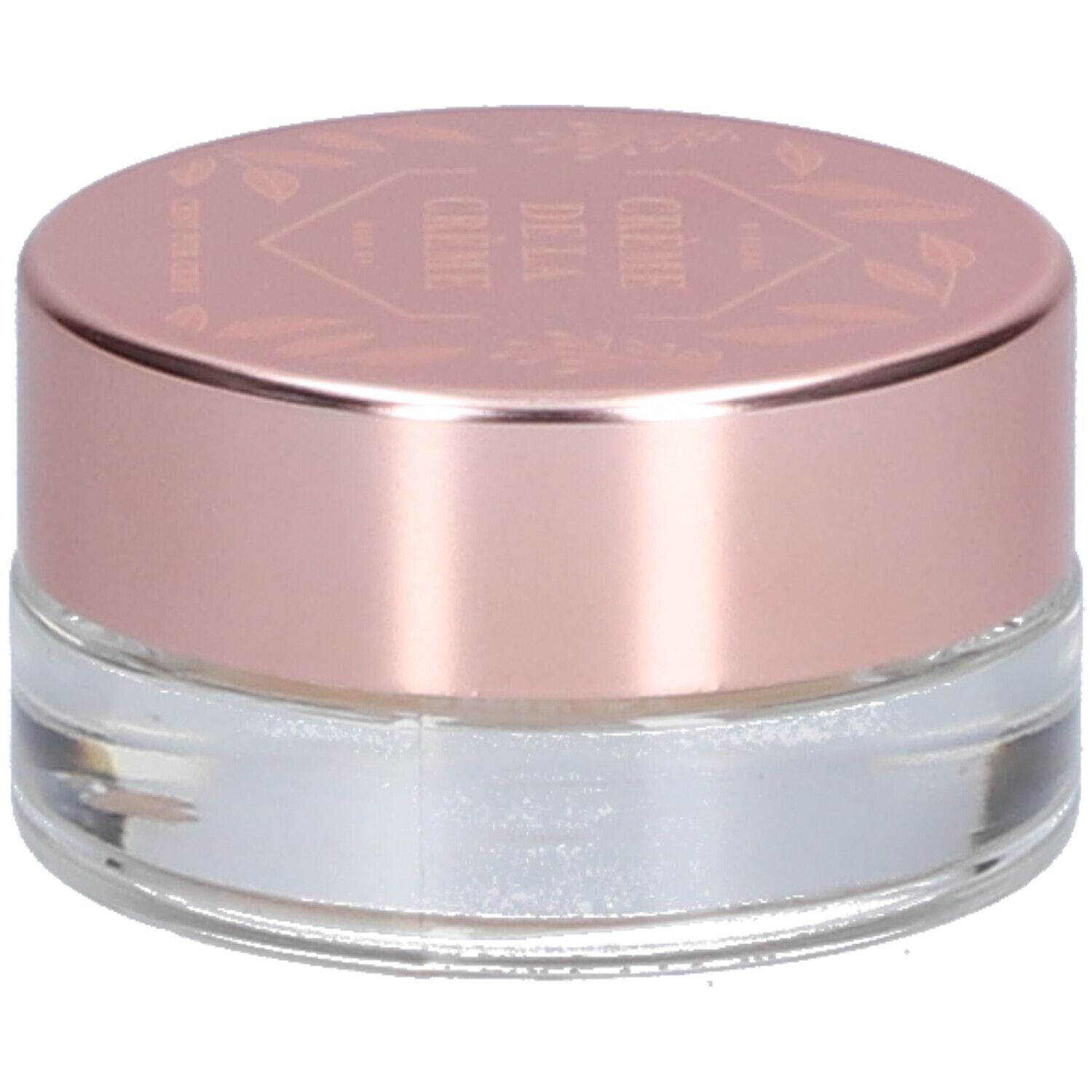Pot rond transparent avec couvercle rose. "Crème de la Crème" est inscrit sur le couvercle.