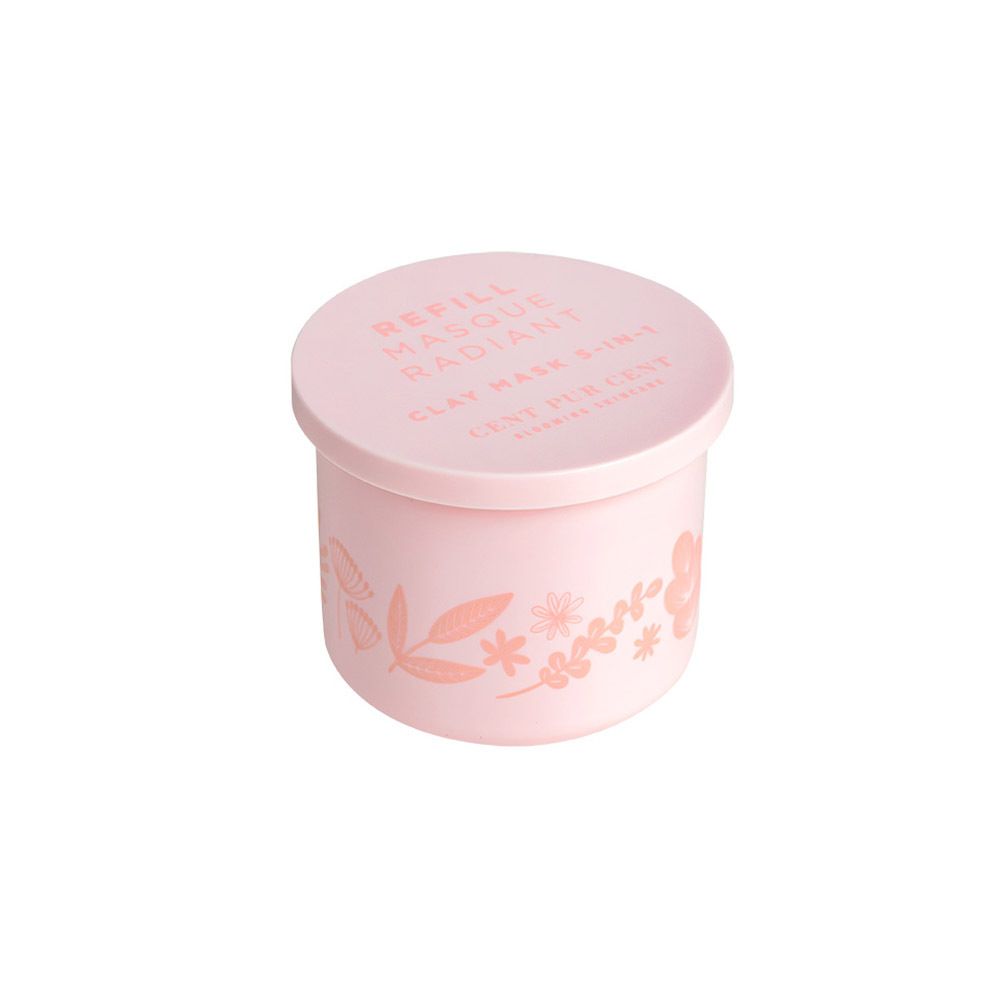 Pot rose avec couvercle. Texte : REFILL MASQUE RADIANT CLAY MASK 5-IN-1. CENT PUR CENT.