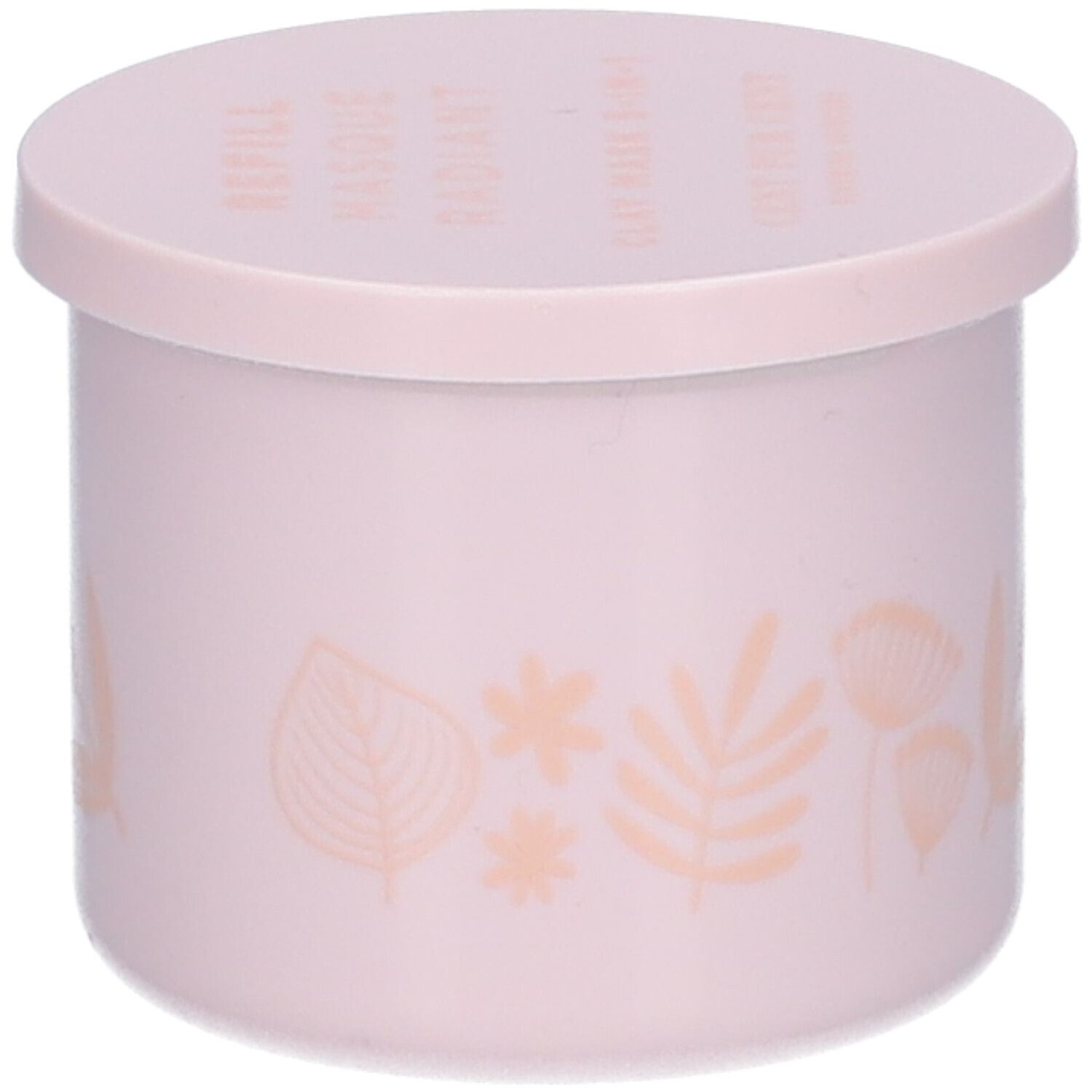 Pot rose avec couvercle. Motifs floraux. Texte sur le couvercle : REFILL MASQUE RADIANT CLAY MASK 5-IN-1.
