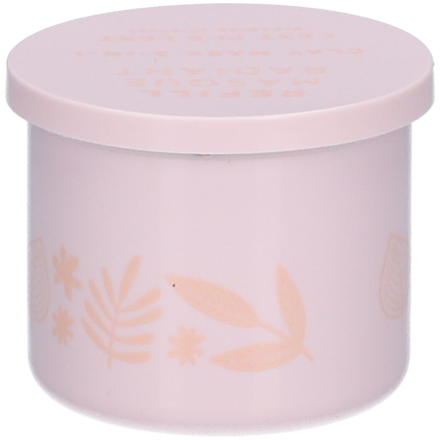 Pot rose avec couvercle. Motifs floraux. Texte sur le couvercle : REFILL MASQUE RADIANT CLAY MASK 5-IN-1.