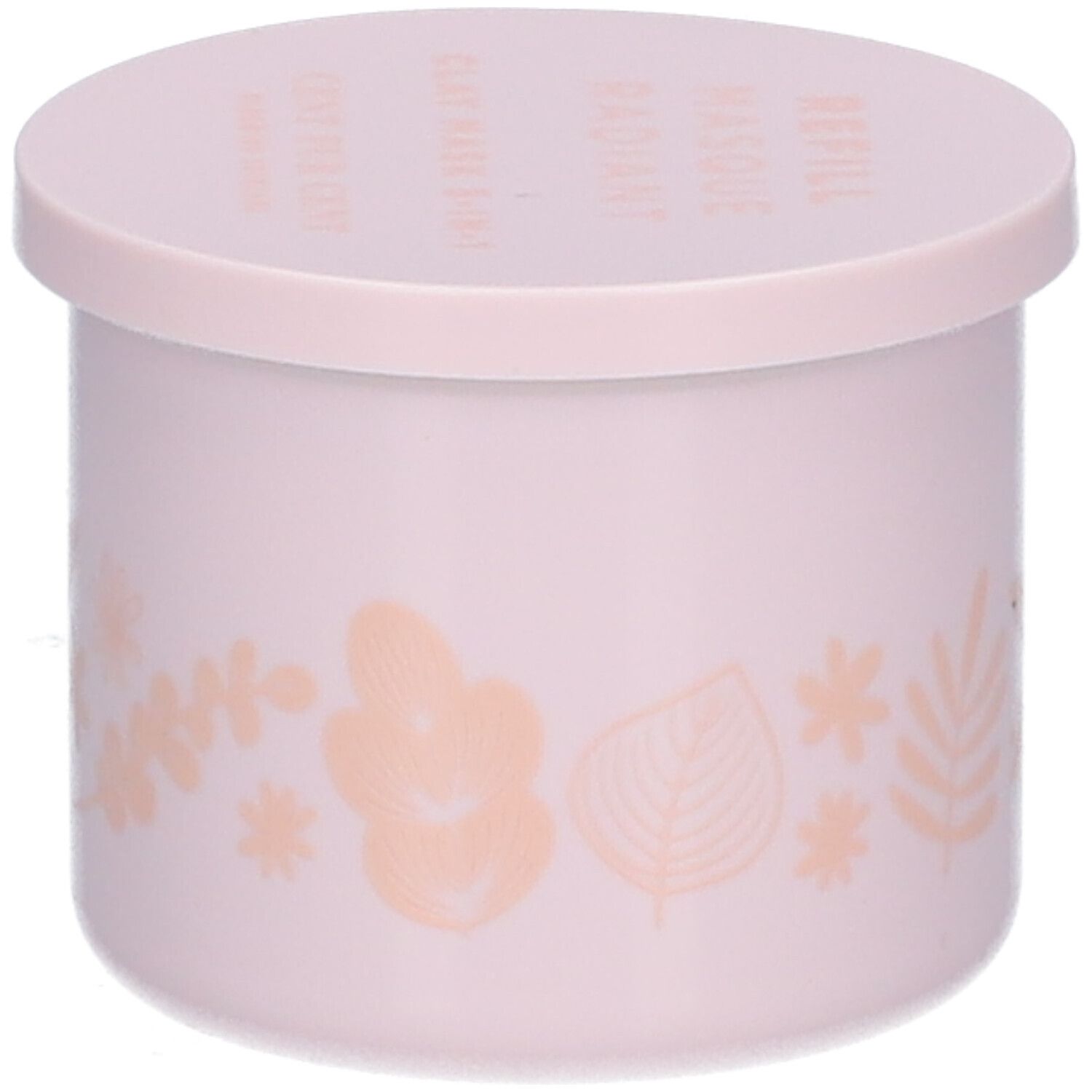 Pot rose avec couvercle. Motifs floraux. Texte sur le couvercle : REFILL MASQUE RADIANT CLAY MASK 5-IN-1.