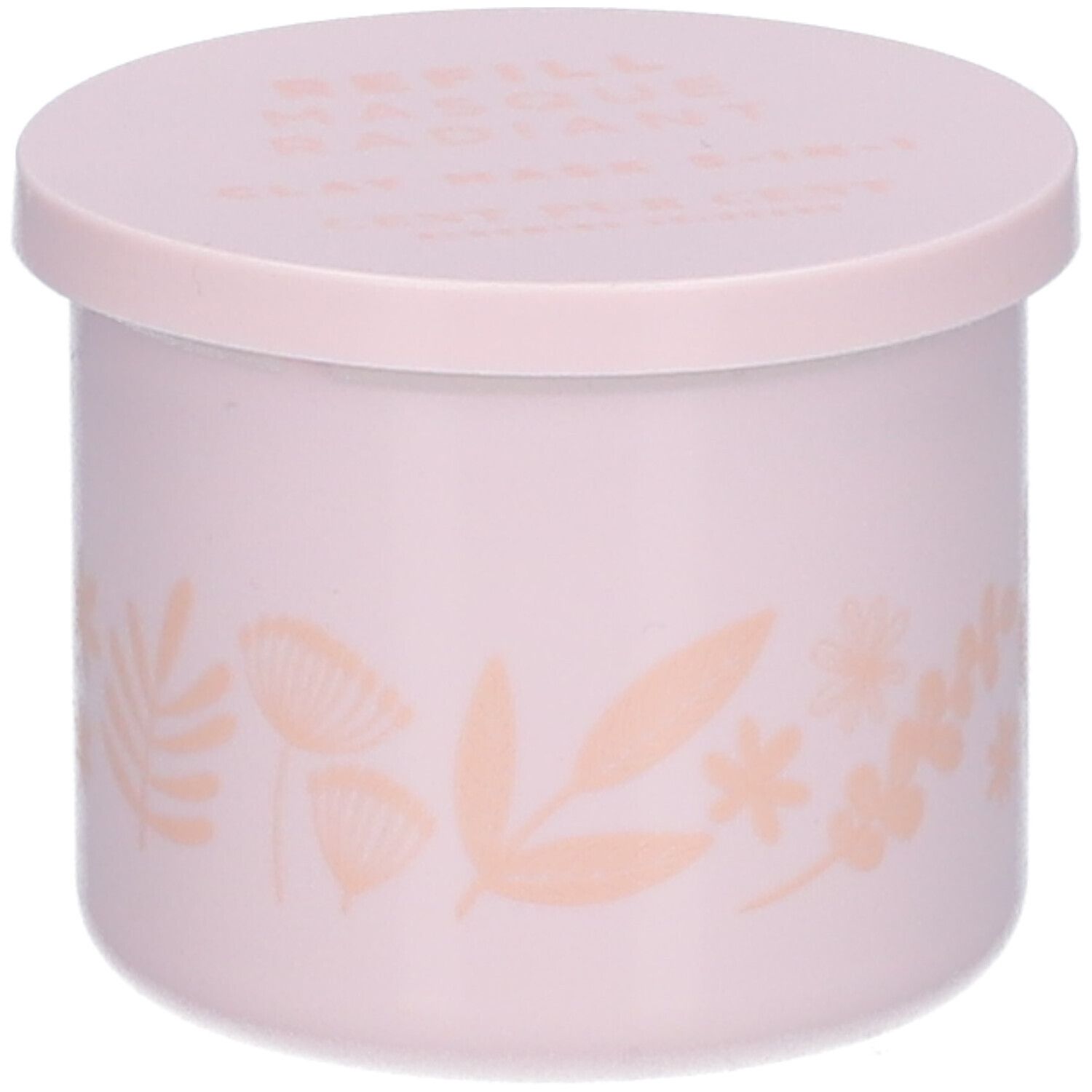 Pot rose avec couvercle. Motifs floraux. Texte sur le couvercle : REFILL MASQUE RADIANT CLAY MASK 5-IN-1.