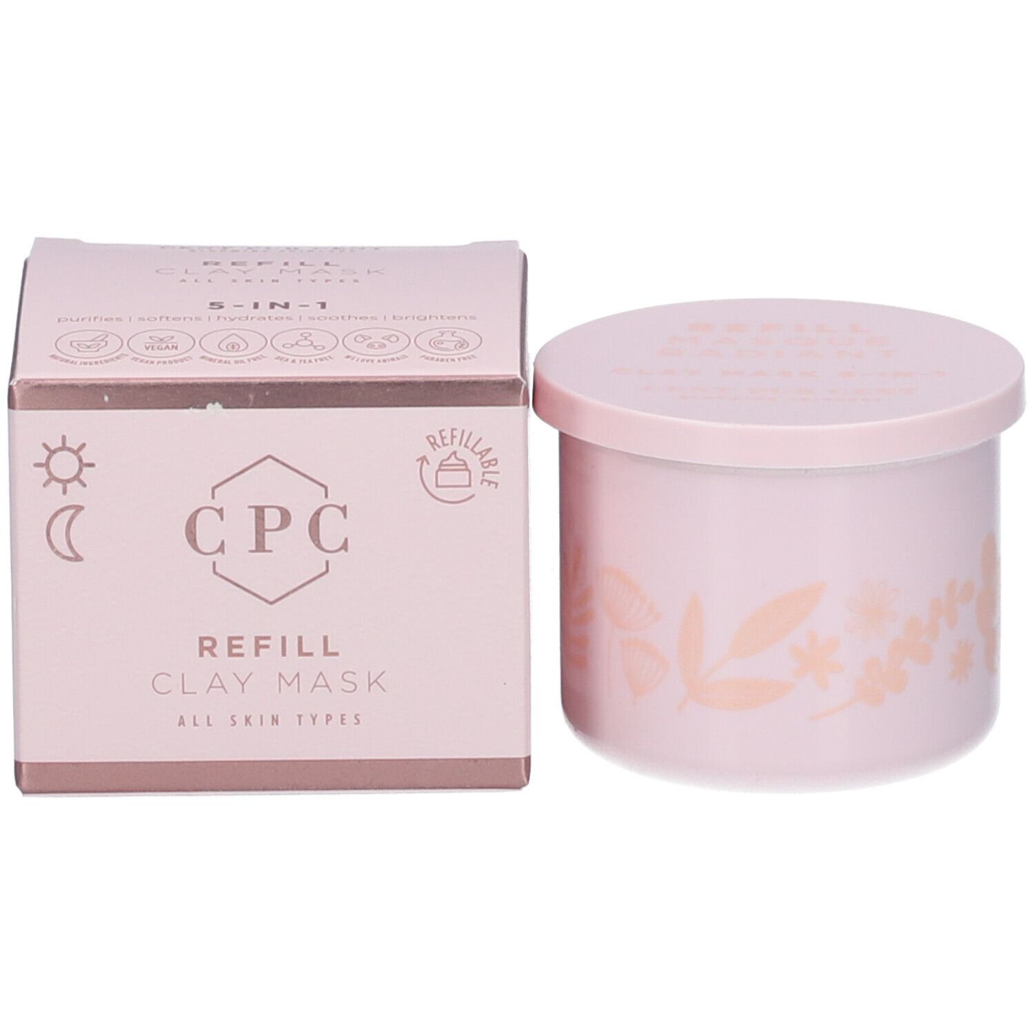 Pot rose avec couvercle et boîte. Texte : CPC REFILL CLAY MASK. Emballage avec symboles.