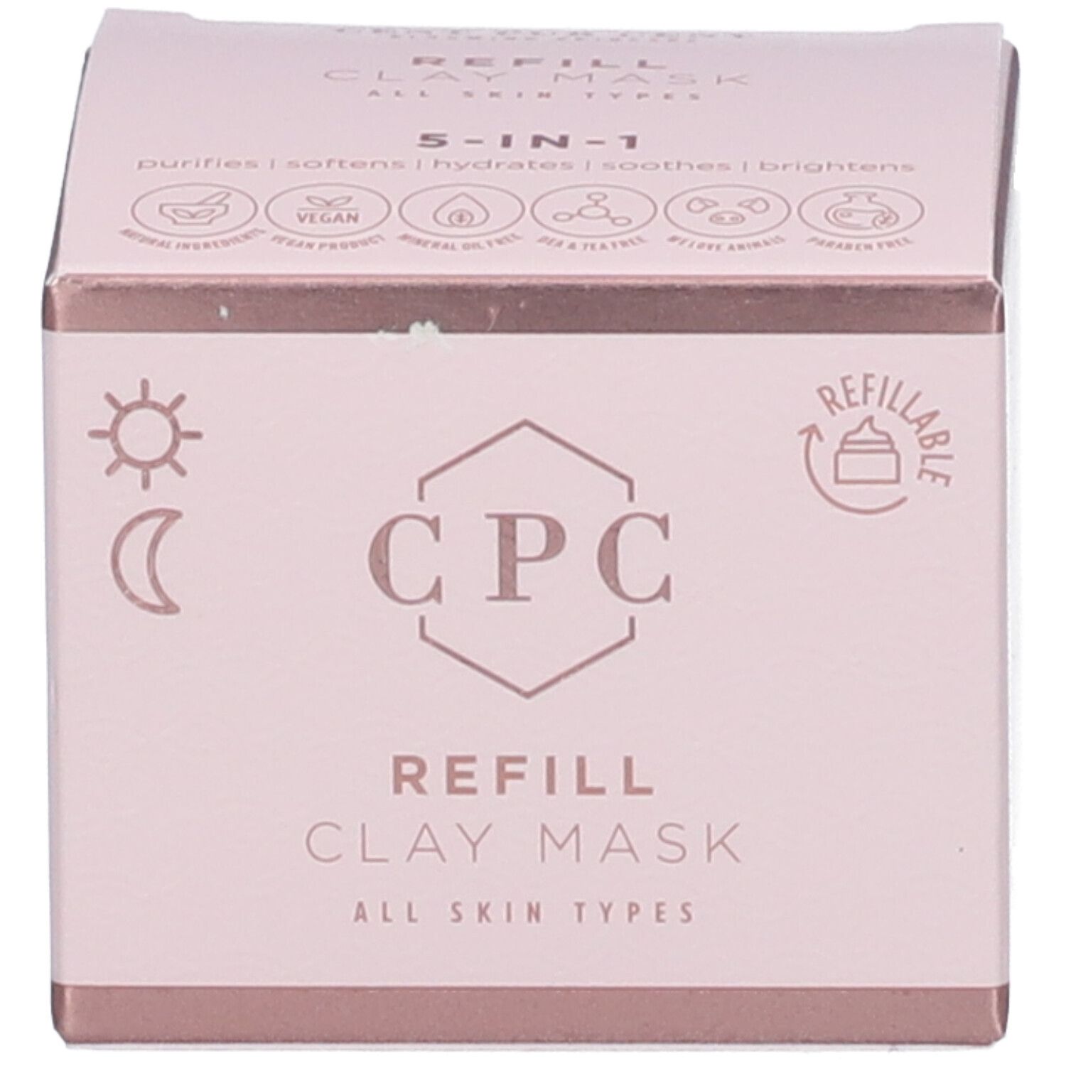 Boîte rose. Texte : CPC REFILL CLAY MASK. Symboles : soleil, lune, vegan, sans huile minérale, etc.