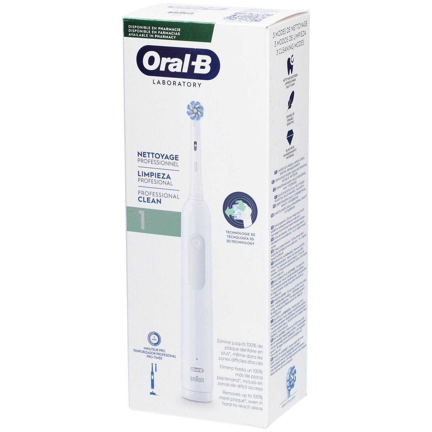 Elektrische tandenborstel Oral-B Professional Clean in verpakking. Wit met blauwe borstelkop. Verpakking met productinformatie.