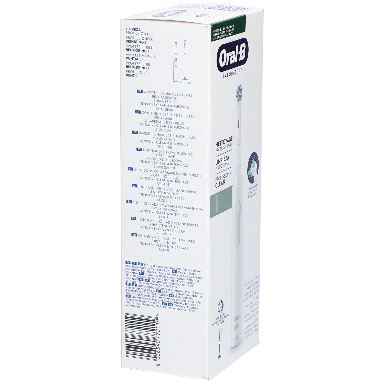 Verpakking van de elektrische tandenborstel Oral-B Professional Clean. Zijaanzicht met productinformatie en pictogrammen. Meertalige tekst.