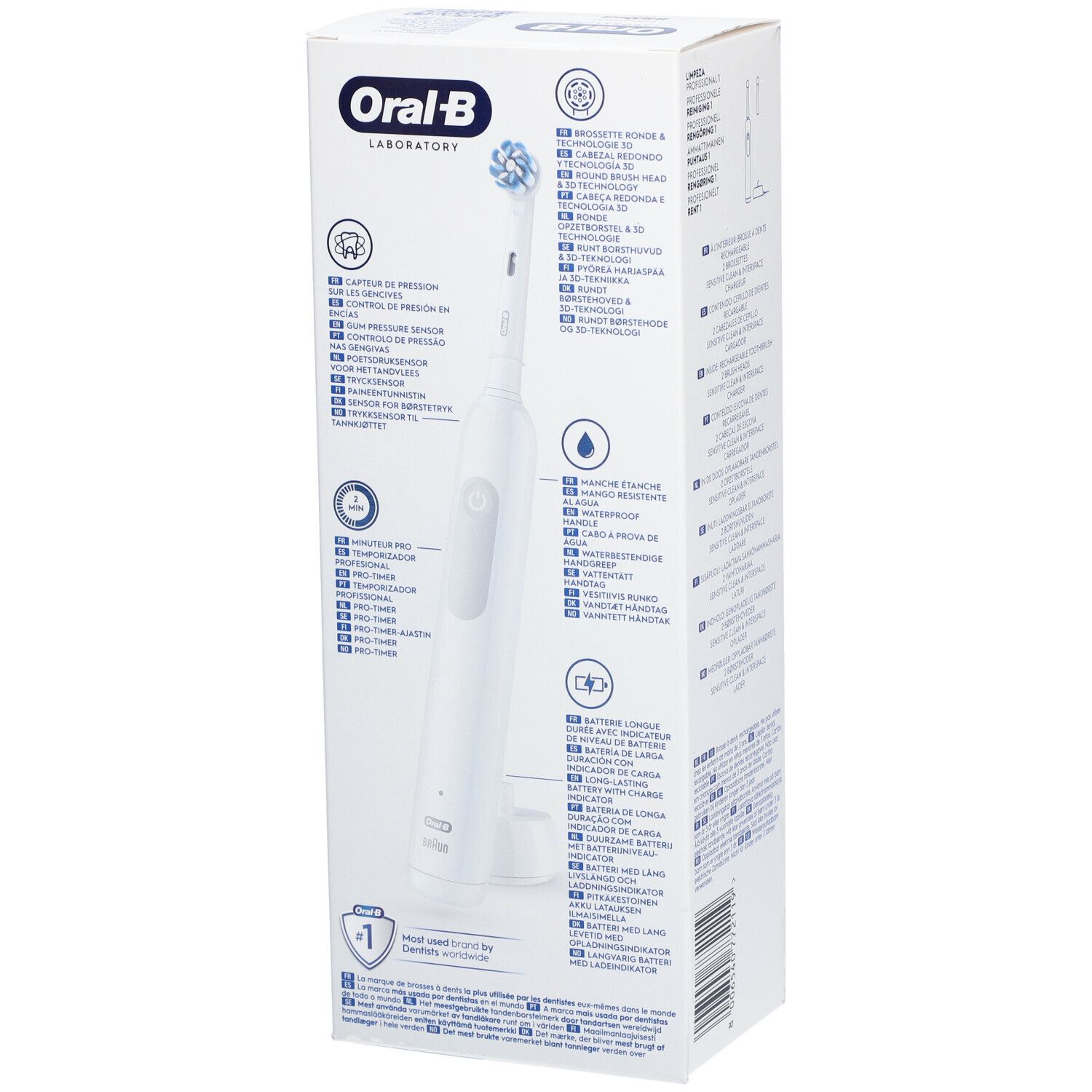 Achterkant van de verpakking van de elektrische tandenborstel Oral-B Professional Clean. Productkenmerken, pictogrammen en meertalige tekst.
