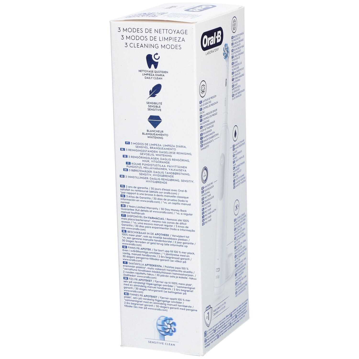 Verpakking van de elektrische tandenborstel Oral-B Professional Clean. Zijaanzicht met productinformatie en pictogrammen. Meertalige tekst.