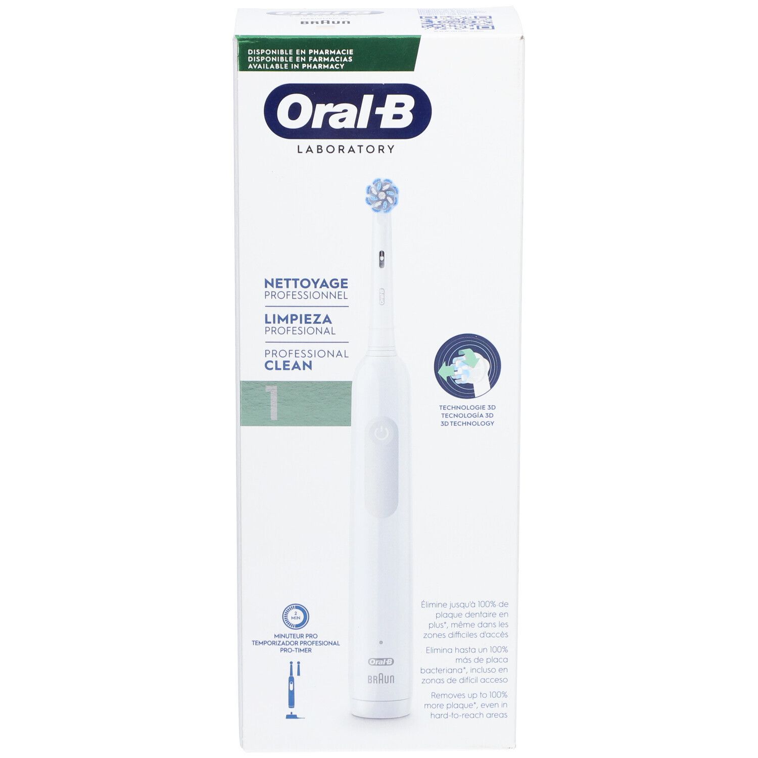 Elektrische tandenborstel Oral-B Professional Clean in verpakking. Wit met blauwe borstelkop. Verpakking met productinformatie.
