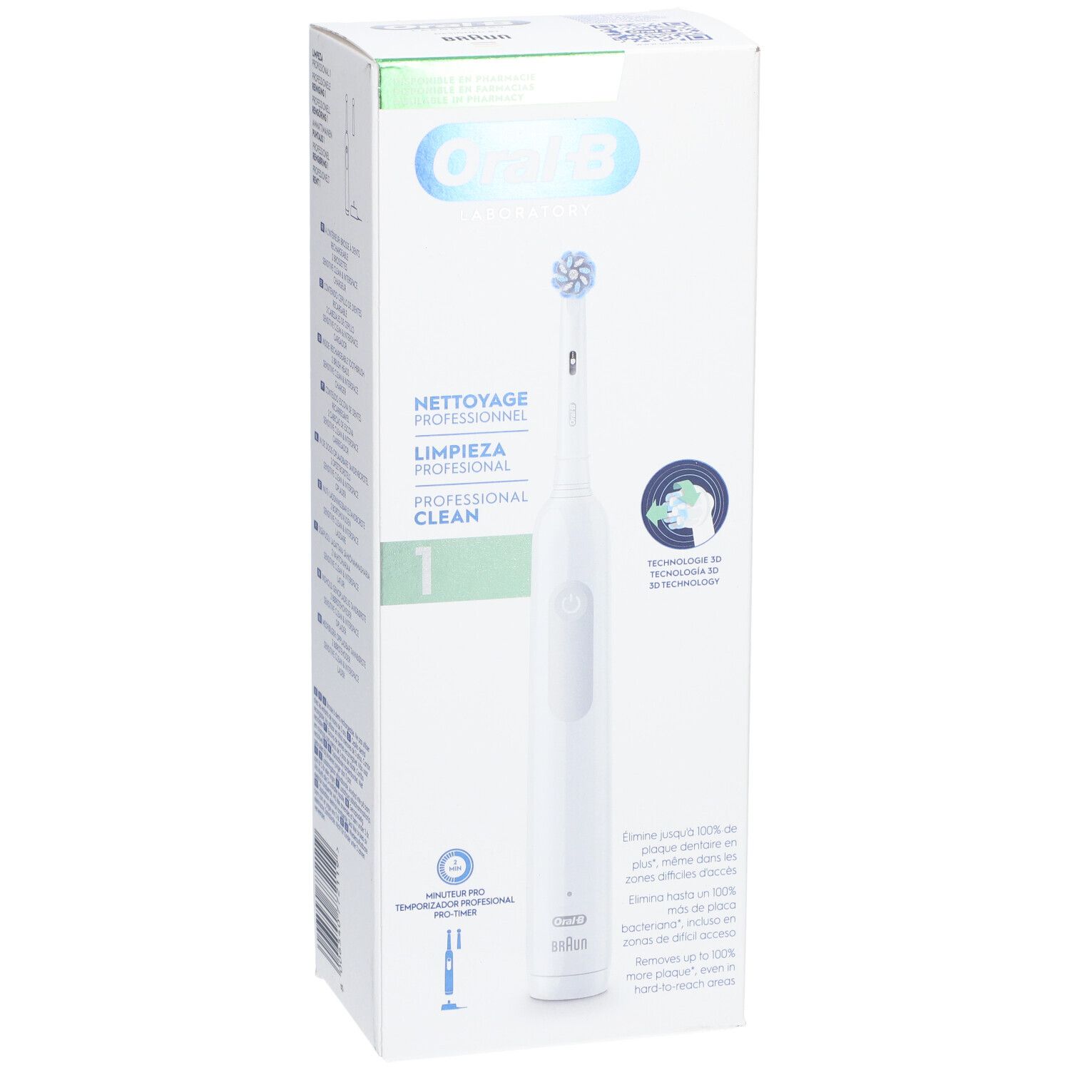 Elektrische tandenborstel Oral-B Professional Clean in verpakking. Wit met blauwe borstelkop. Verpakking met productinformatie.