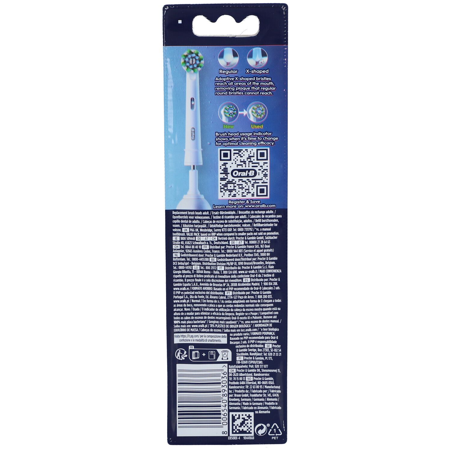 Rückseite der Verpackung mit Informationen. Abbildung einer Bürste mit grünen und blauen Borsten. QR-Code und Text.