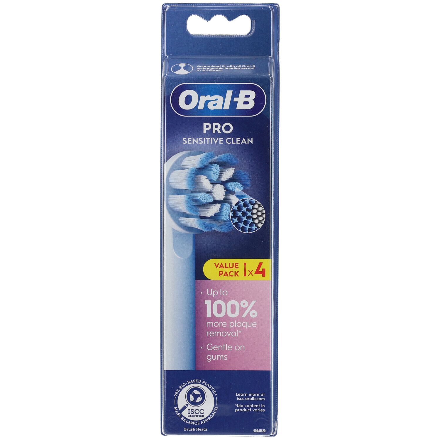 Tandenborstelkoppen in blisterverpakking. "Oral-B Pro Sensitive Clean" logo. 4 stuks. Roze sticker met tekst.