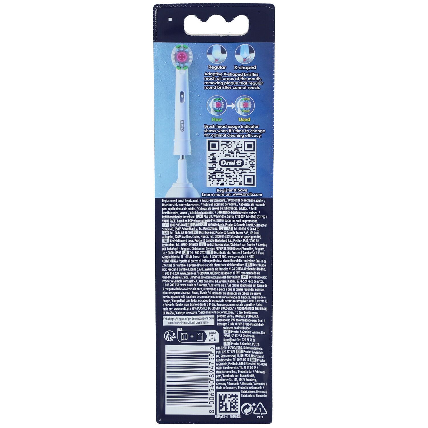 ORAL-B Pro 3D White Ersatzbürstenköpfe x4. Rückseite der Verpackung. Sichtbar: Bürstenkopf, Markenname, Produktbezeichnung, QR-Code.