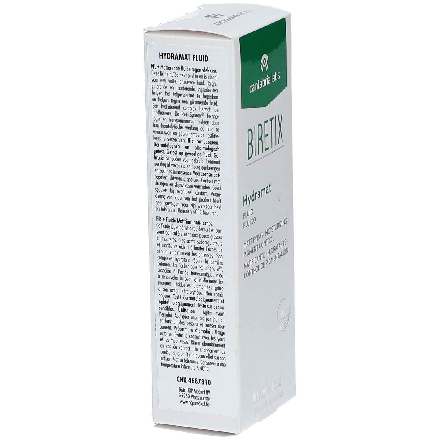 Weiße Verpackung, seitliche Ansicht. Text in Niederländisch und Französisch. Logo und Produktname BIRETIX Hydramat.