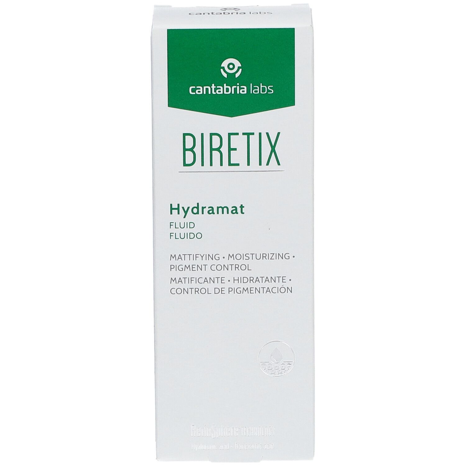Weiße Verpackung mit grünem Logo. Schriftzug BIRETIX Hydramat. Angaben zu Mattierung, Feuchtigkeitspflege und Pigmentkontrolle.