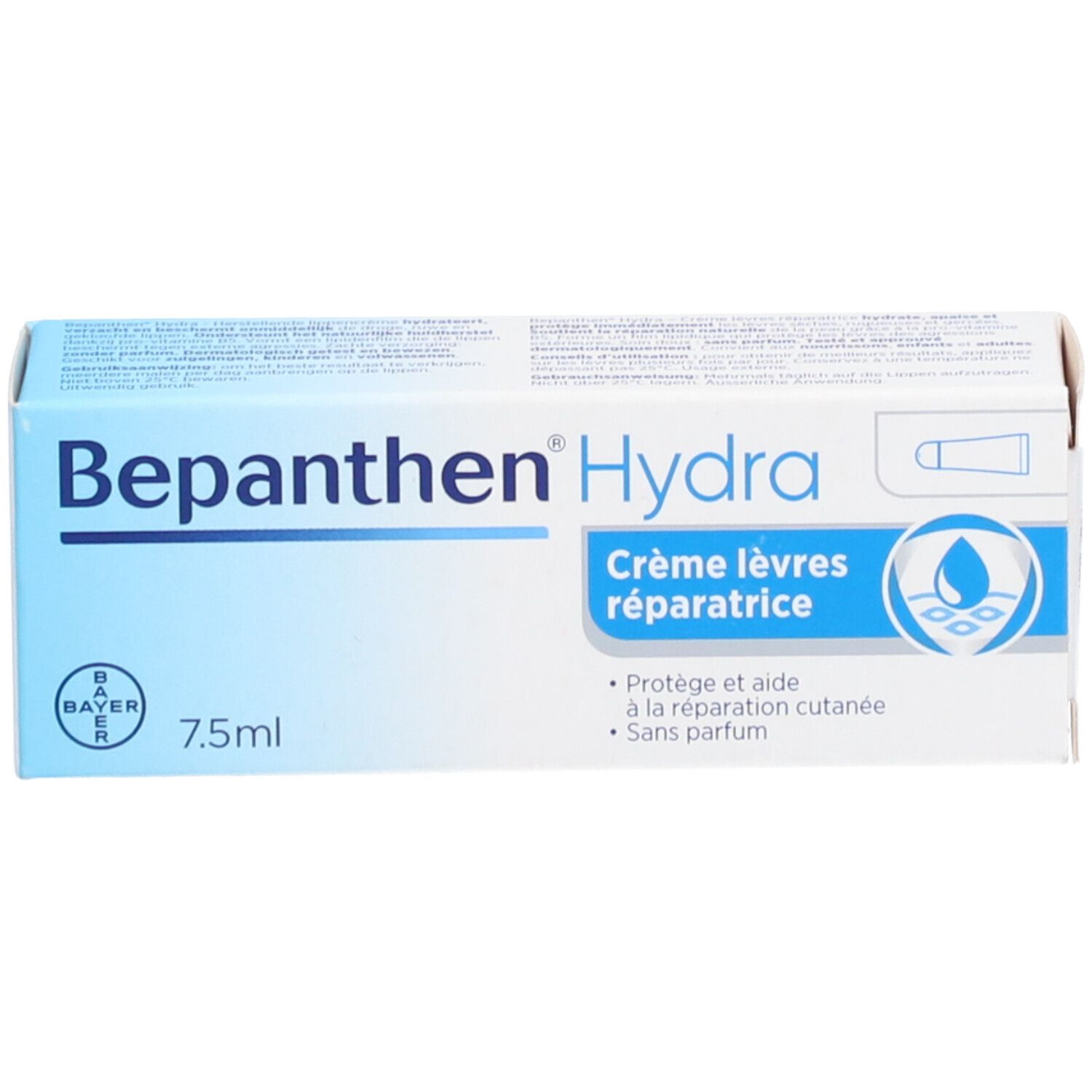 Doosje Bepanthen Hydra lippencreme. Blauw en witte verpakking met productnaam en 7,5 ml.