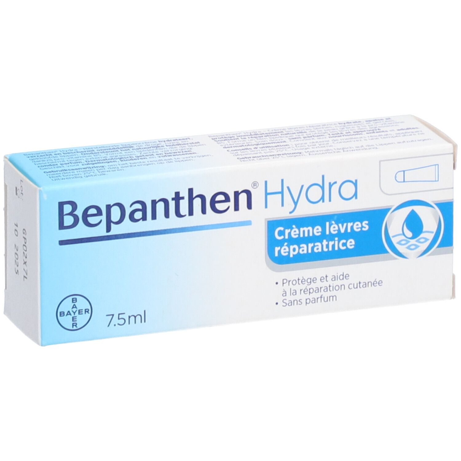 Doosje Bepanthen Hydra lippencreme. Blauw en witte verpakking met productnaam en 7,5 ml.
