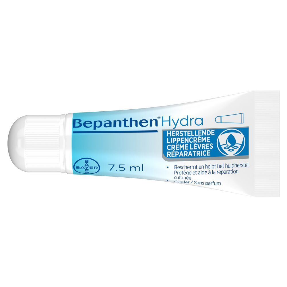 Tube Bepanthen Hydra lippencreme. Witte tube met blauwe opdruk, productnaam en 7,5 ml.