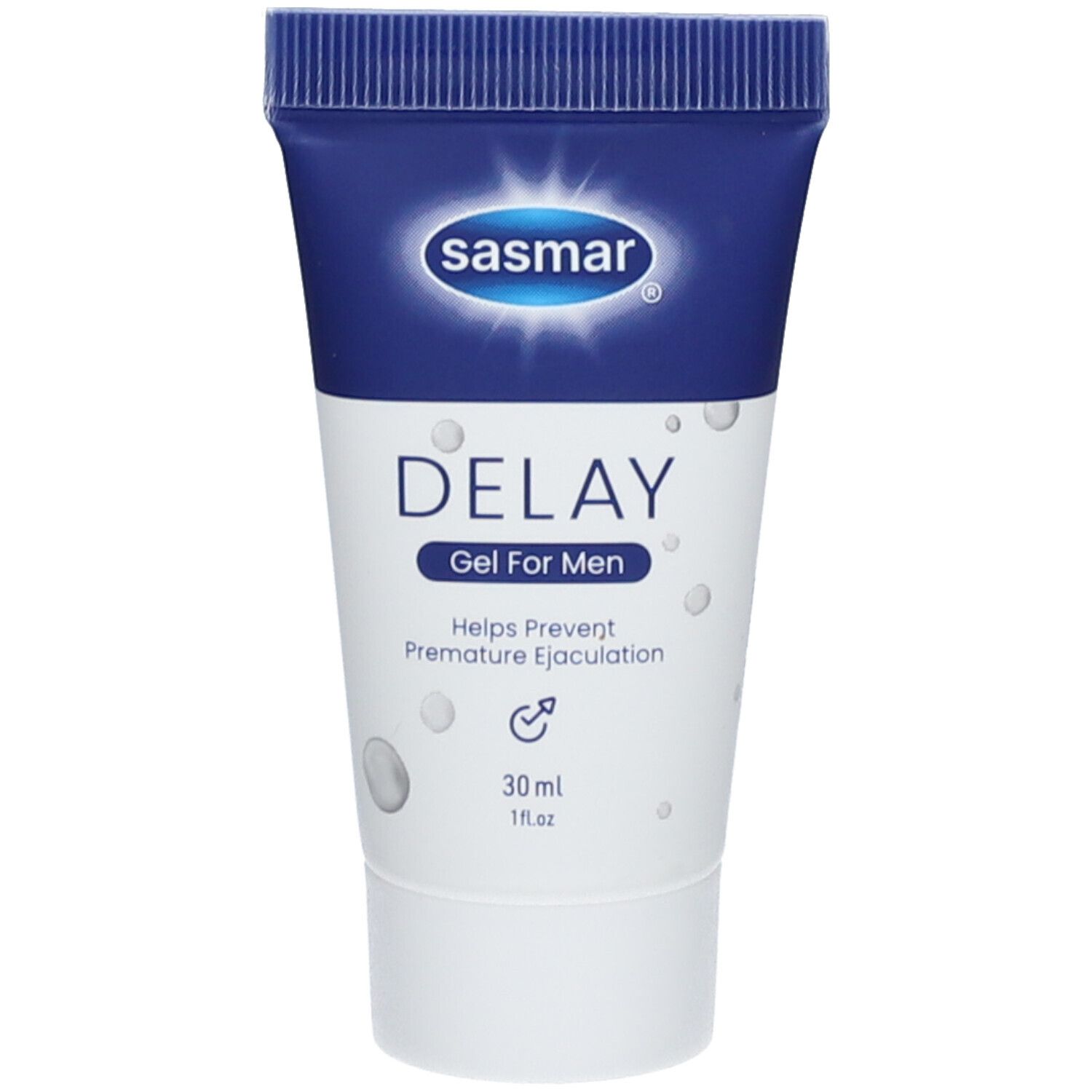Blau-weiße Tube mit "sasmar" Logo und "DELAY Gel For Men" Schriftzug. Enthält 30 ml.