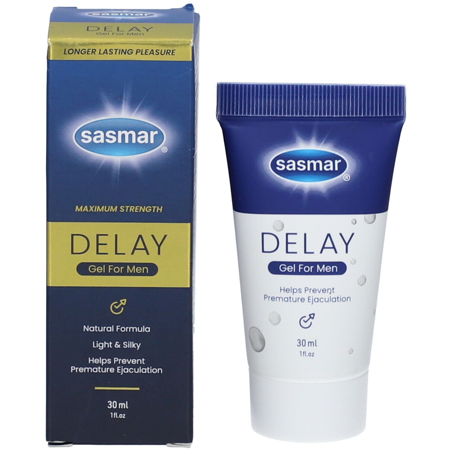 Produktverpackung mit Tube und Schachtel. Schachtel mit "sasmar" Logo und "DELAY Gel For Men" Schriftzug.