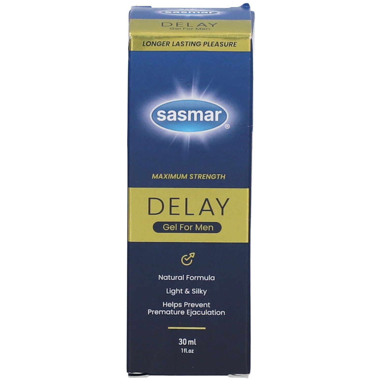 Produktverpackung mit Schachtel. Schachtel mit "sasmar" Logo und "DELAY Gel For Men" Schriftzug.