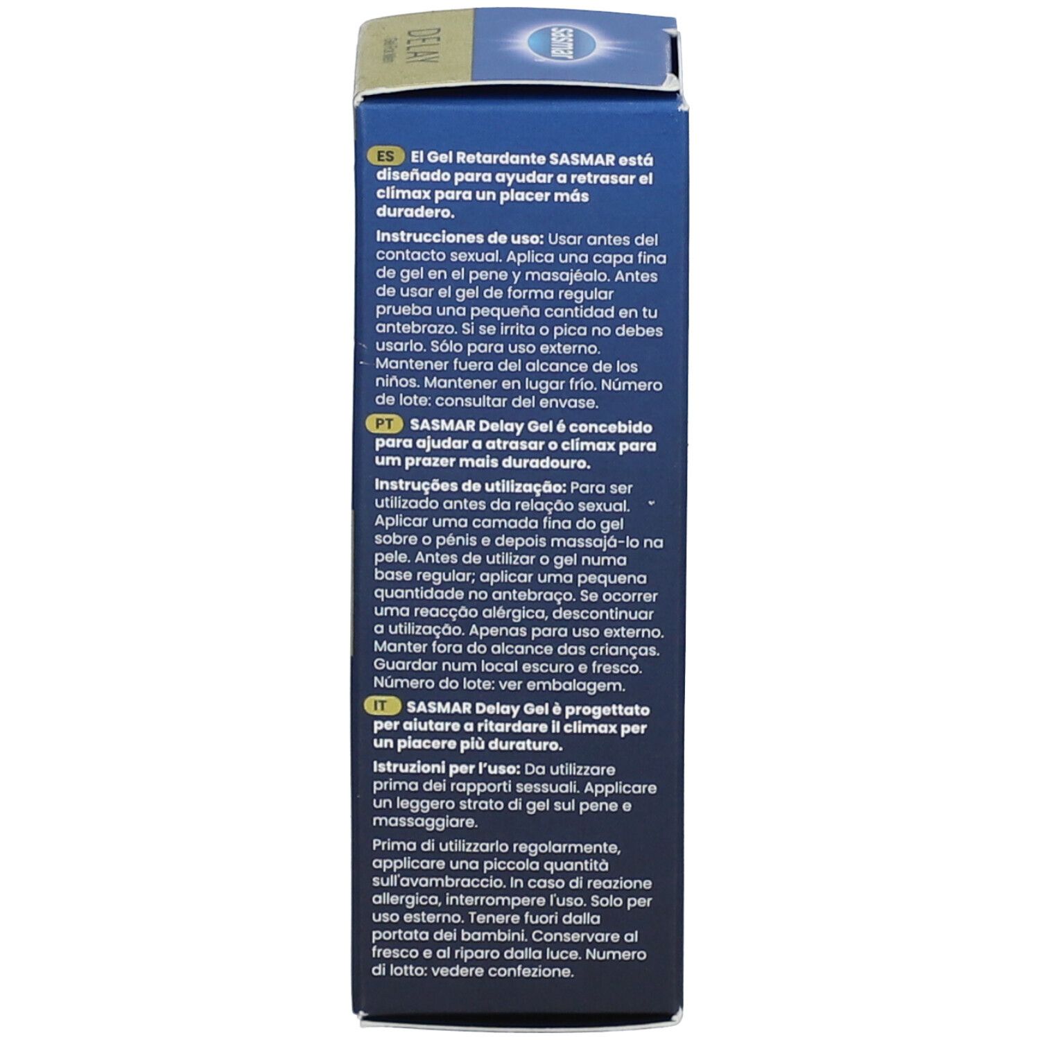 Rückseite der Produktverpackung mit spanischen, portugiesischen und italienischen Anwendungshinweisen. Enthält Informationen zur Verwendung.