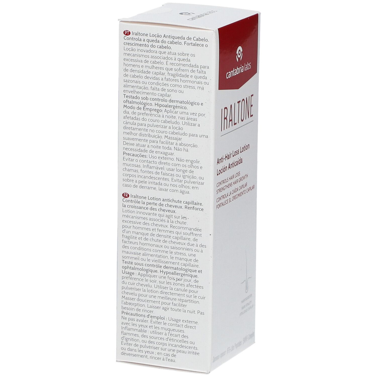 Witte doos, achterkant met meertalige tekst. Rode accent bovenaan. Merk: Cantabria Labs. Product: Iraltone.
