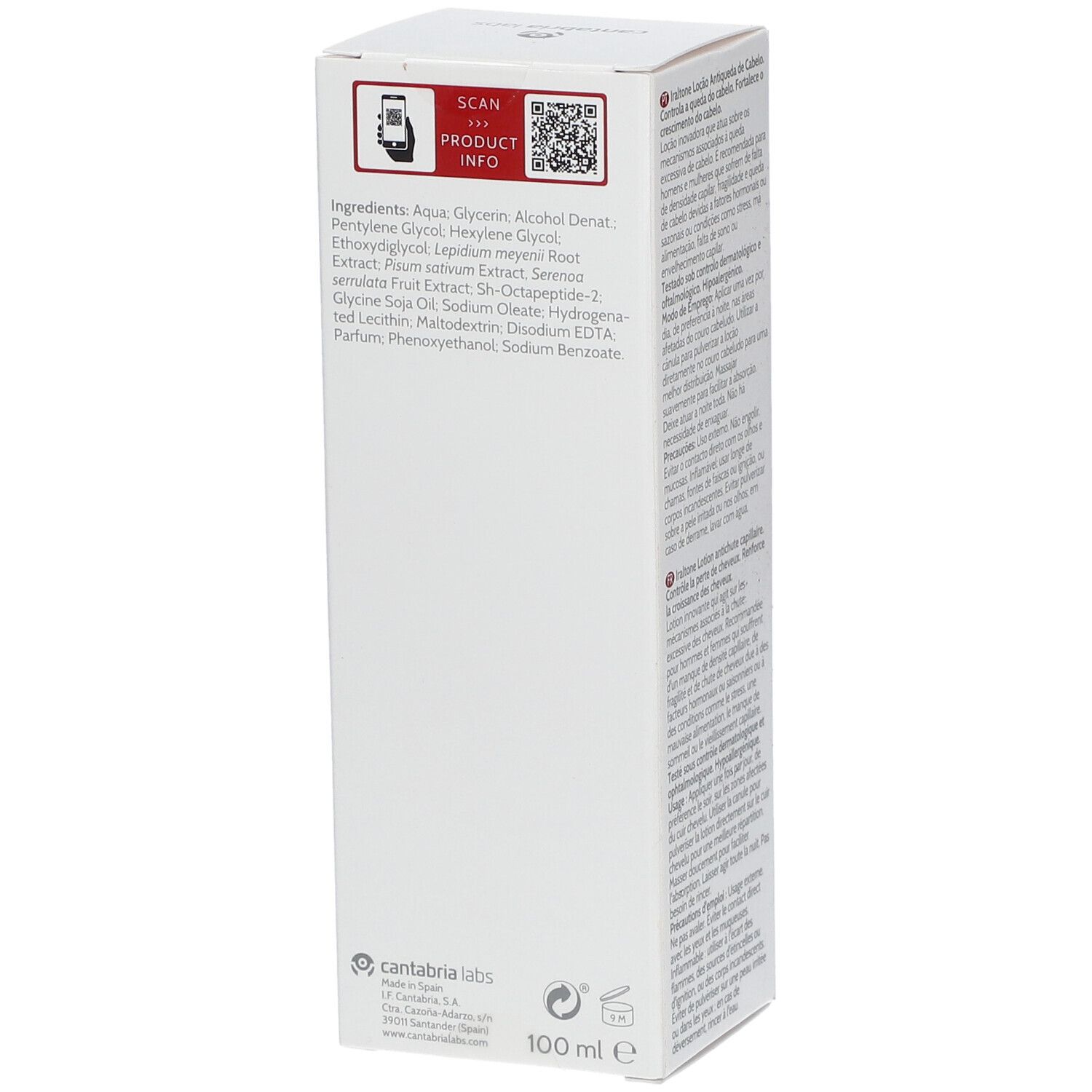 Witte doos, zijkant met ingrediënten en QR-code. Merk: Cantabria Labs. Volume: 100 ml. Product: Iraltone.