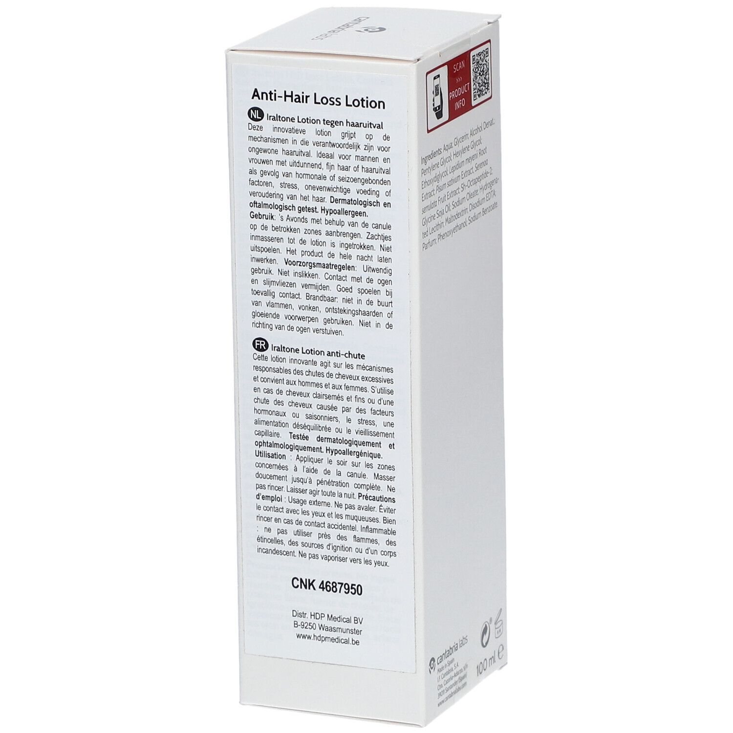 Witte doos, zijkant met meertalige tekst. Merk: Cantabria Labs. Product: Iraltone. Volume: 100 ml.