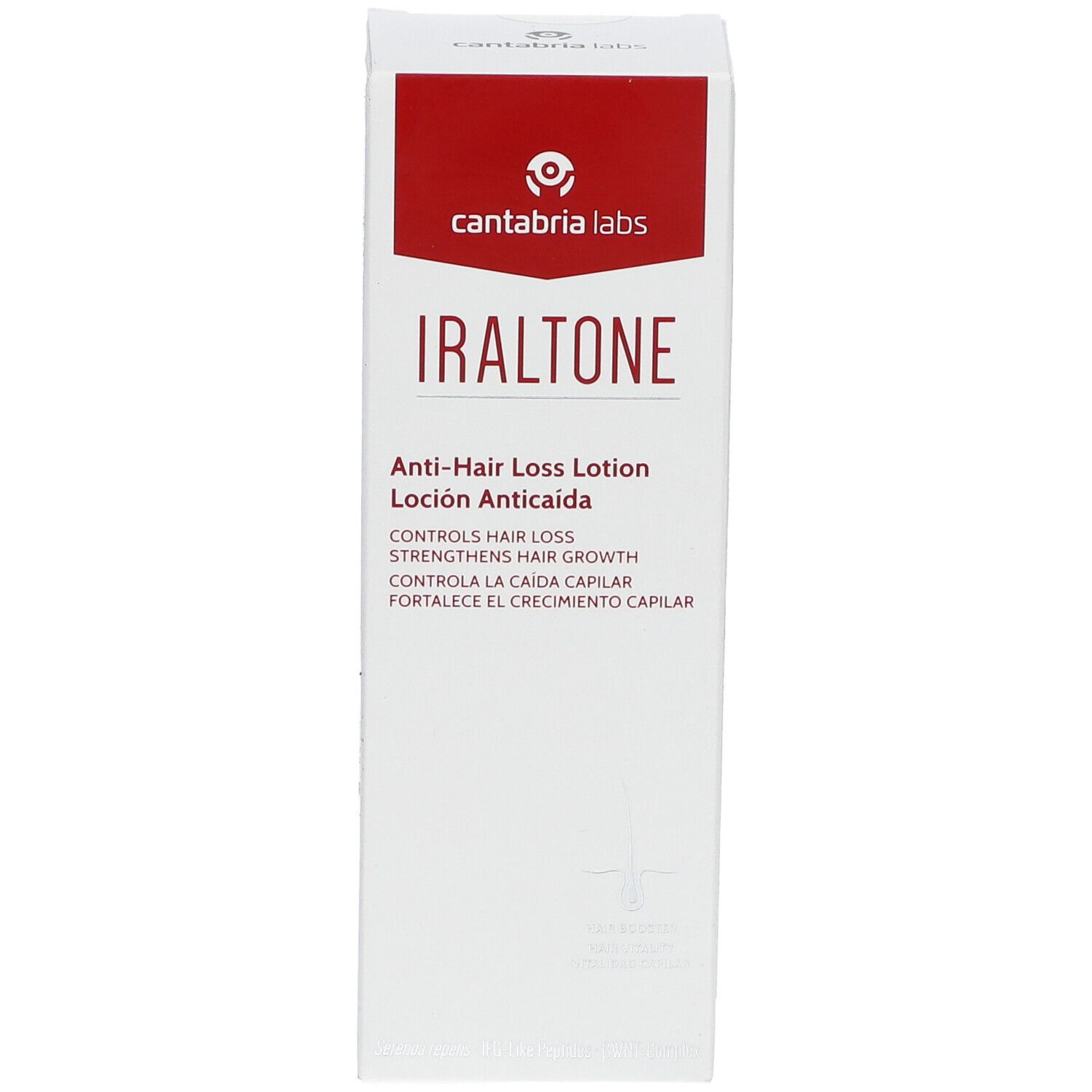 Witte doos met rode accenten. Opschrift: Iraltone Anti-Haaruitval Lotion. Logo's en tekst in meerdere talen.