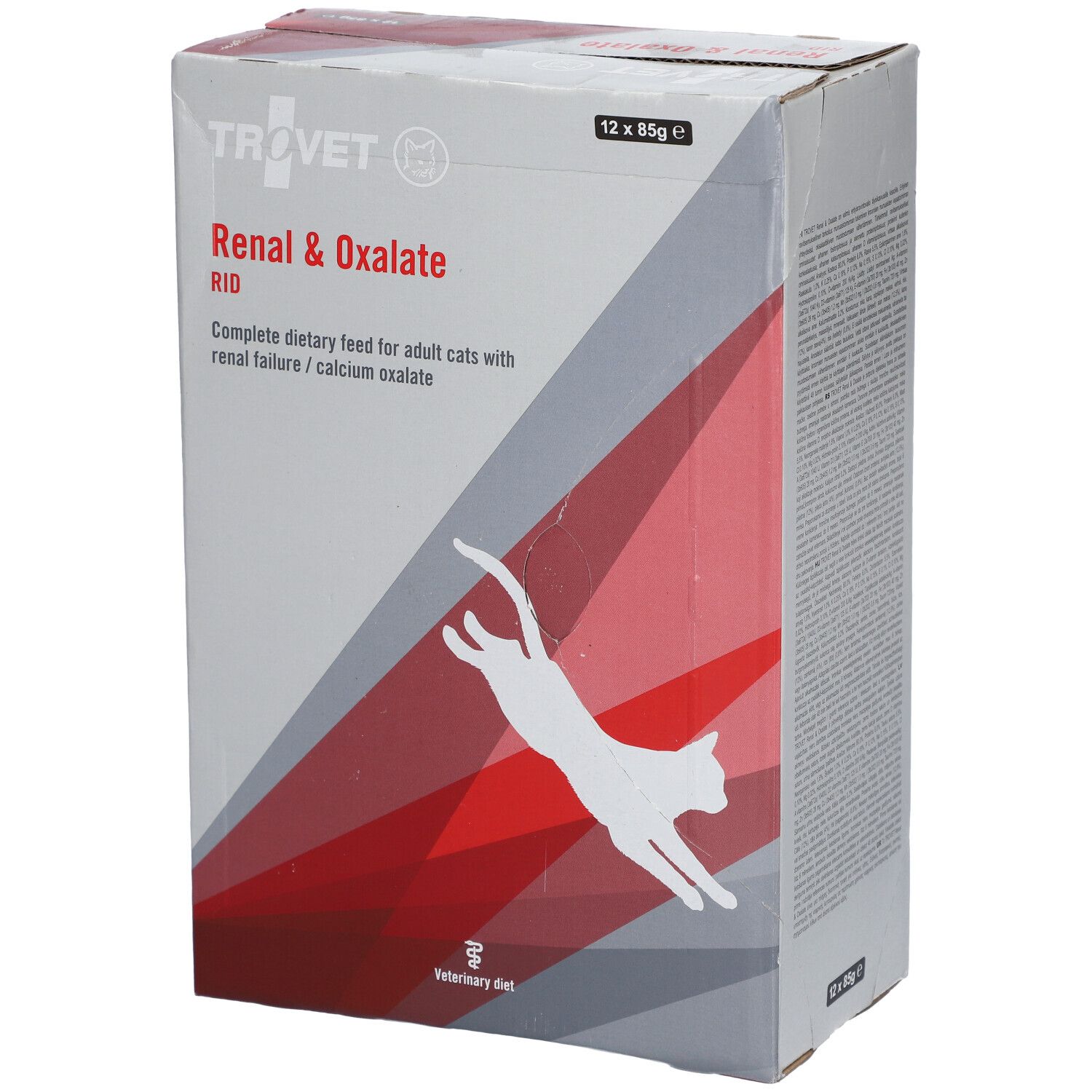 Karton mit Trovet Renal & Oxalate RID. 12 x 85g. Weiße Katze-Silhouette. Text: Complete dietary feed for adult cats with renal failure/calcium oxalate.