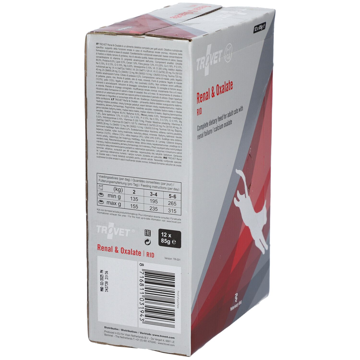 Karton Trovet Renal & Oxalate RID. 12 x 85g. Rückseite mit Text und Barcode. Text: Complete dietary feed for adult cats with renal failure/calcium oxalate.
