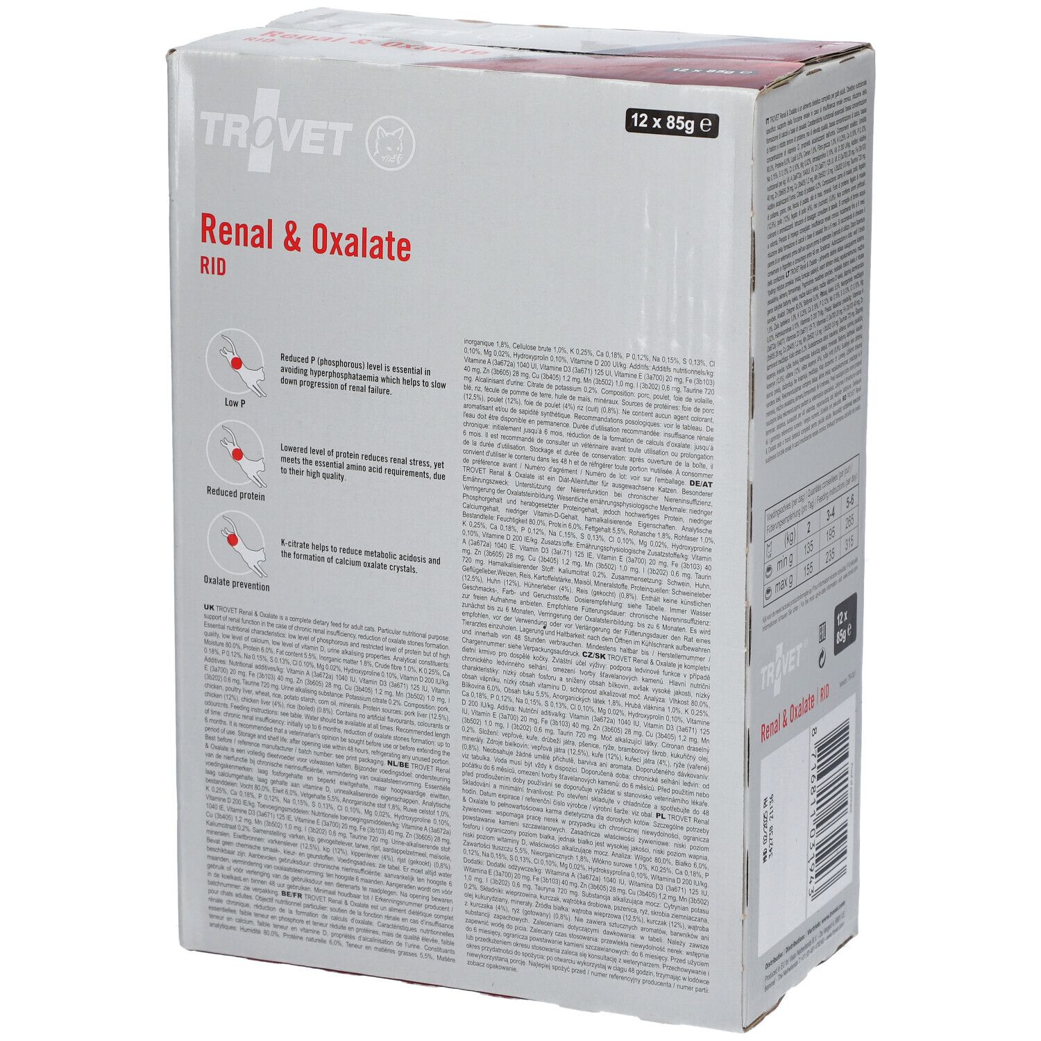 Karton Trovet Renal & Oxalate RID. 12 x 85g. Rückseite mit Text. Text: Complete dietary feed for adult cats with renal failure/calcium oxalate.