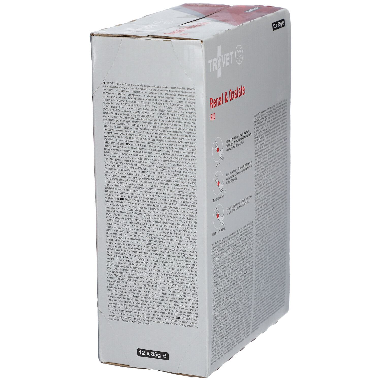Karton Trovet Renal & Oxalate RID. 12 x 85g. Rückseite mit Text. Text: Complete dietary feed for adult cats with renal failure/calcium oxalate.
