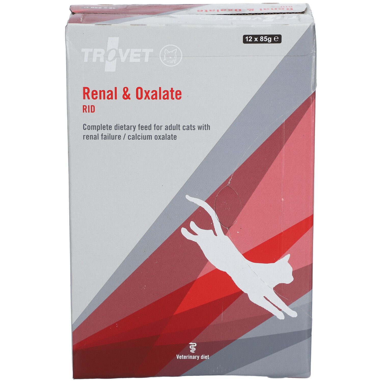 Karton Trovet Renal & Oxalate RID. 12 x 85g. Vorderseite mit Text und Katze-Silhouette. Text: Complete dietary feed for adult cats with renal failure/calcium oxalate.