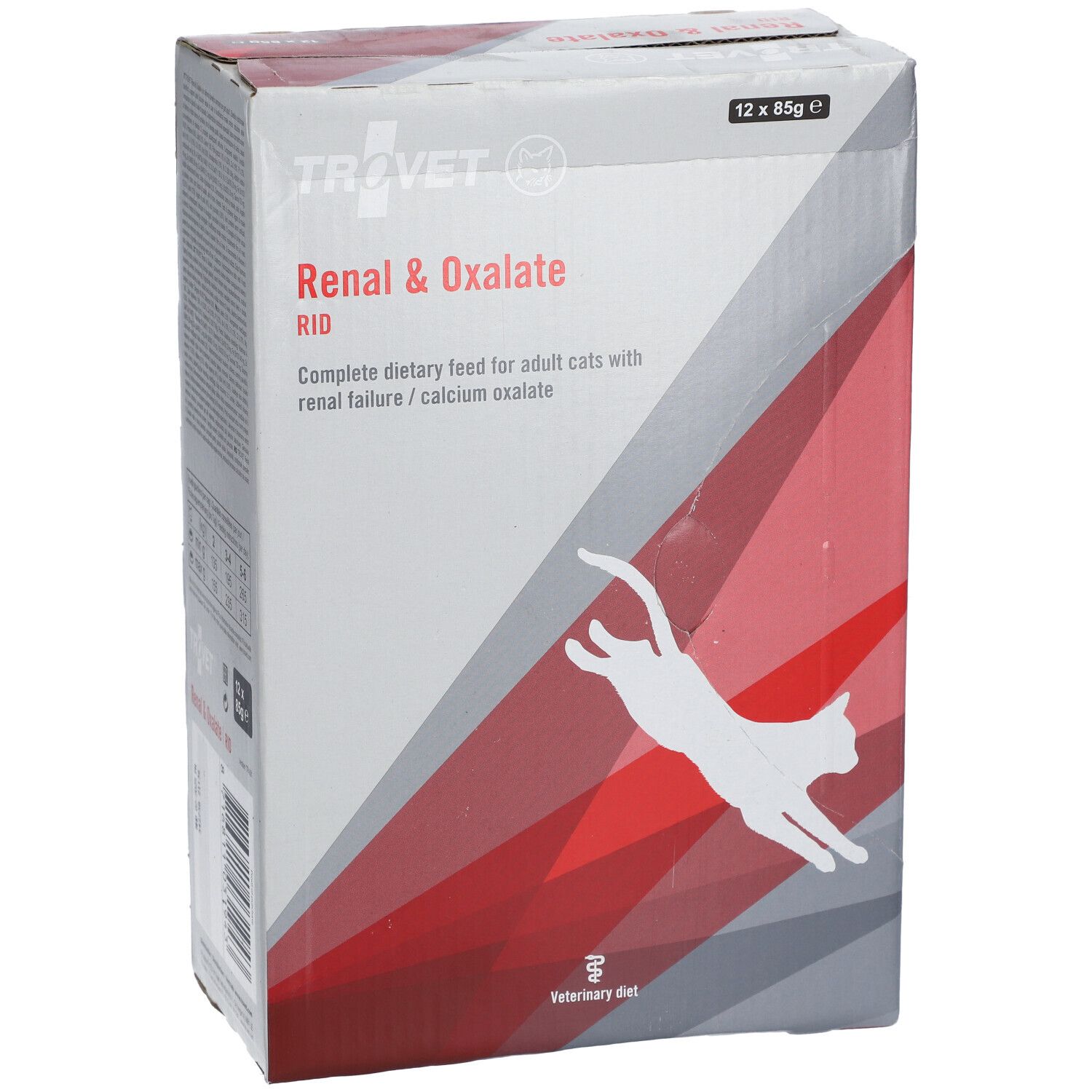 Karton Trovet Renal & Oxalate RID. 12 x 85g. Vorderseite mit Text und Katze-Silhouette. Text: Complete dietary feed for adult cats with renal failure/calcium oxalate.