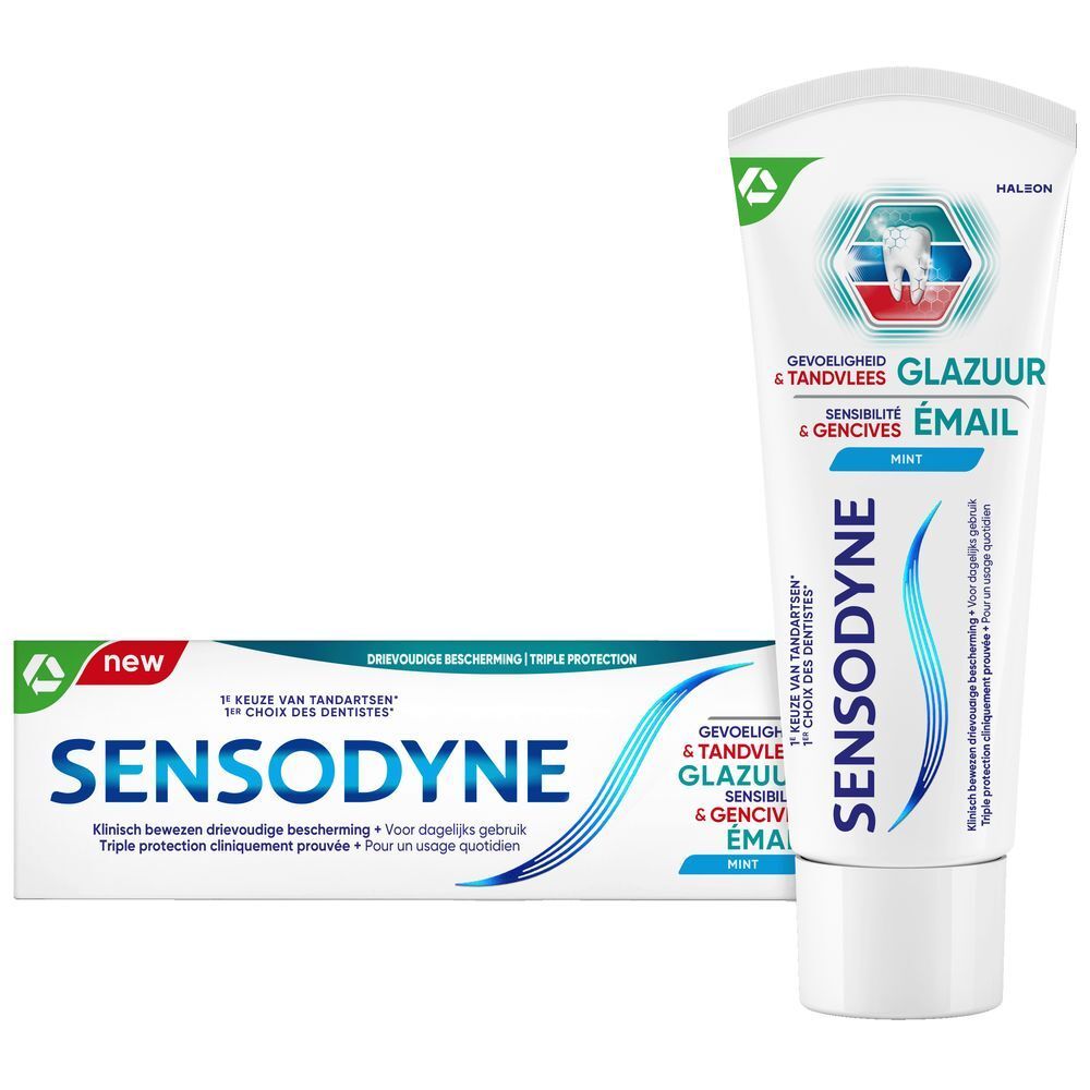 Sensodyne tandpasta tube en doos. Opschrift: Sensodyne, mint. Drievoudige bescherming.