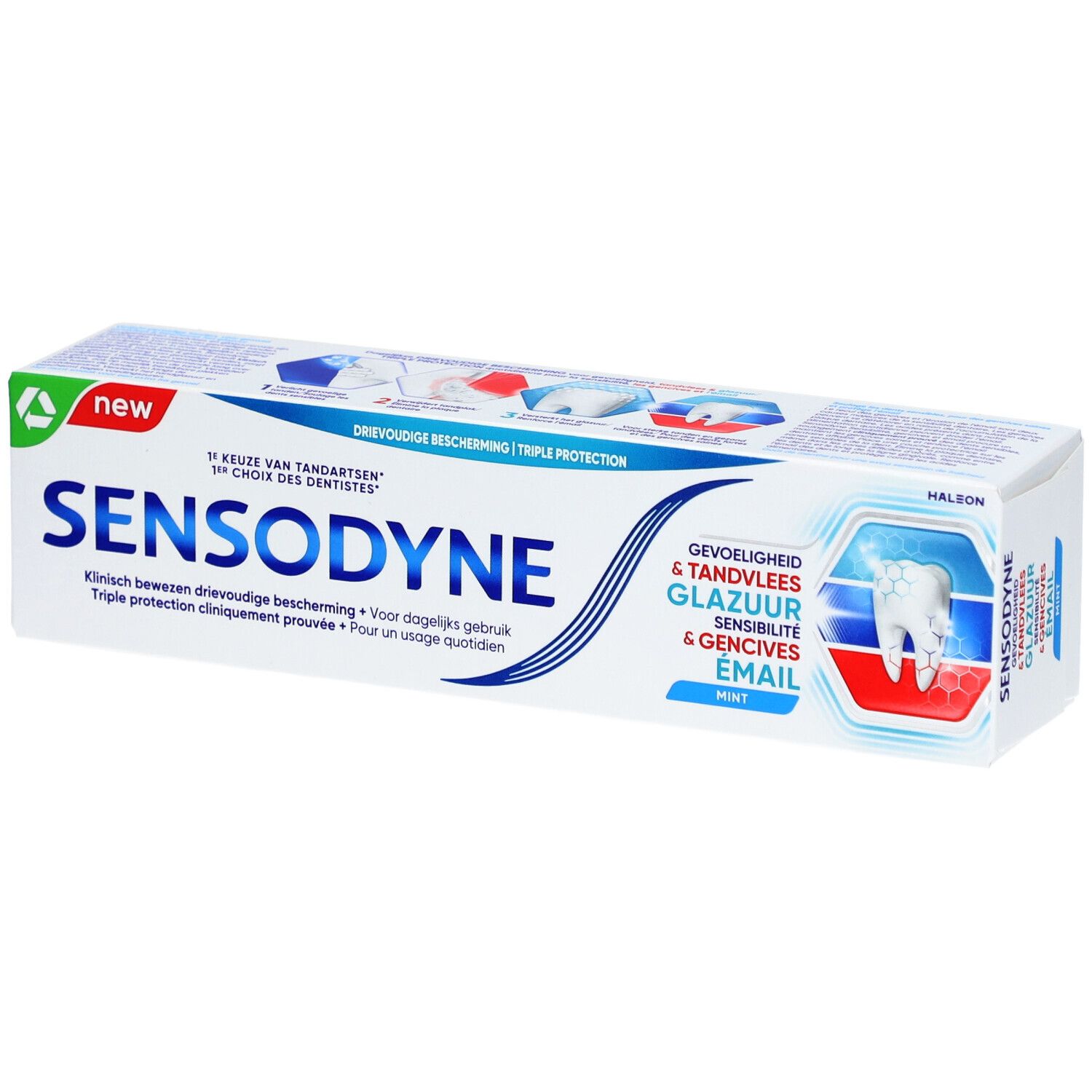 Sensodyne tandpastatube. Wit, blauw en groen. Opschrift: Sensodyne, mint. Drievoudige bescherming.