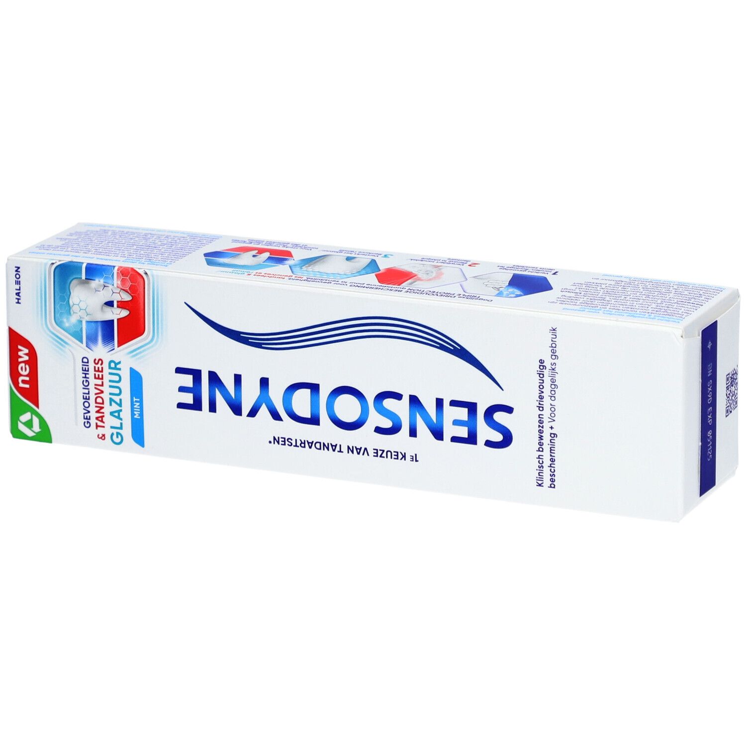 Sensodyne tandpastatube. Wit, blauw en groen. Opschrift: Sensodyne, mint. Drievoudige bescherming.