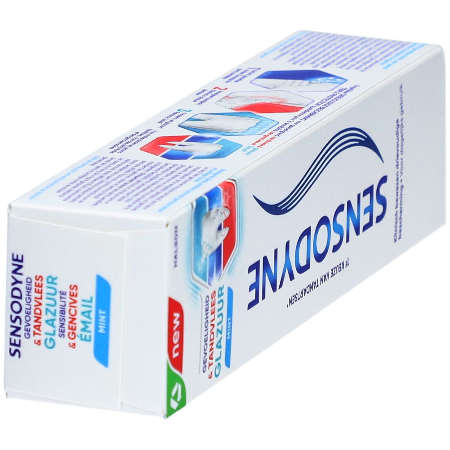 Sensodyne tandpastatube. Wit, blauw en groen. Opschrift: Sensodyne, mint. Drievoudige bescherming.