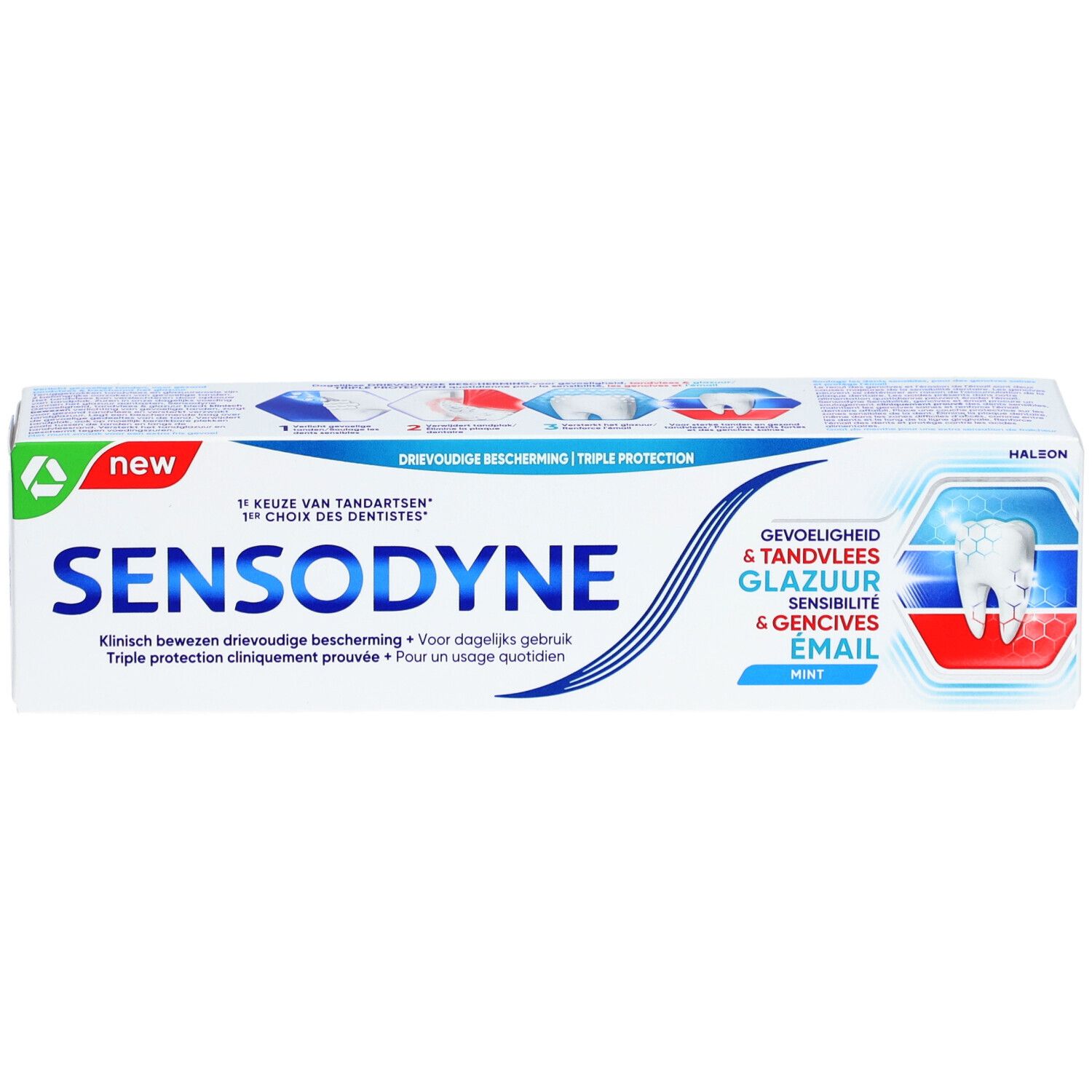 Sensodyne tandpastatube. Wit, blauw en groen. Opschrift: Sensodyne, mint. Drievoudige bescherming.